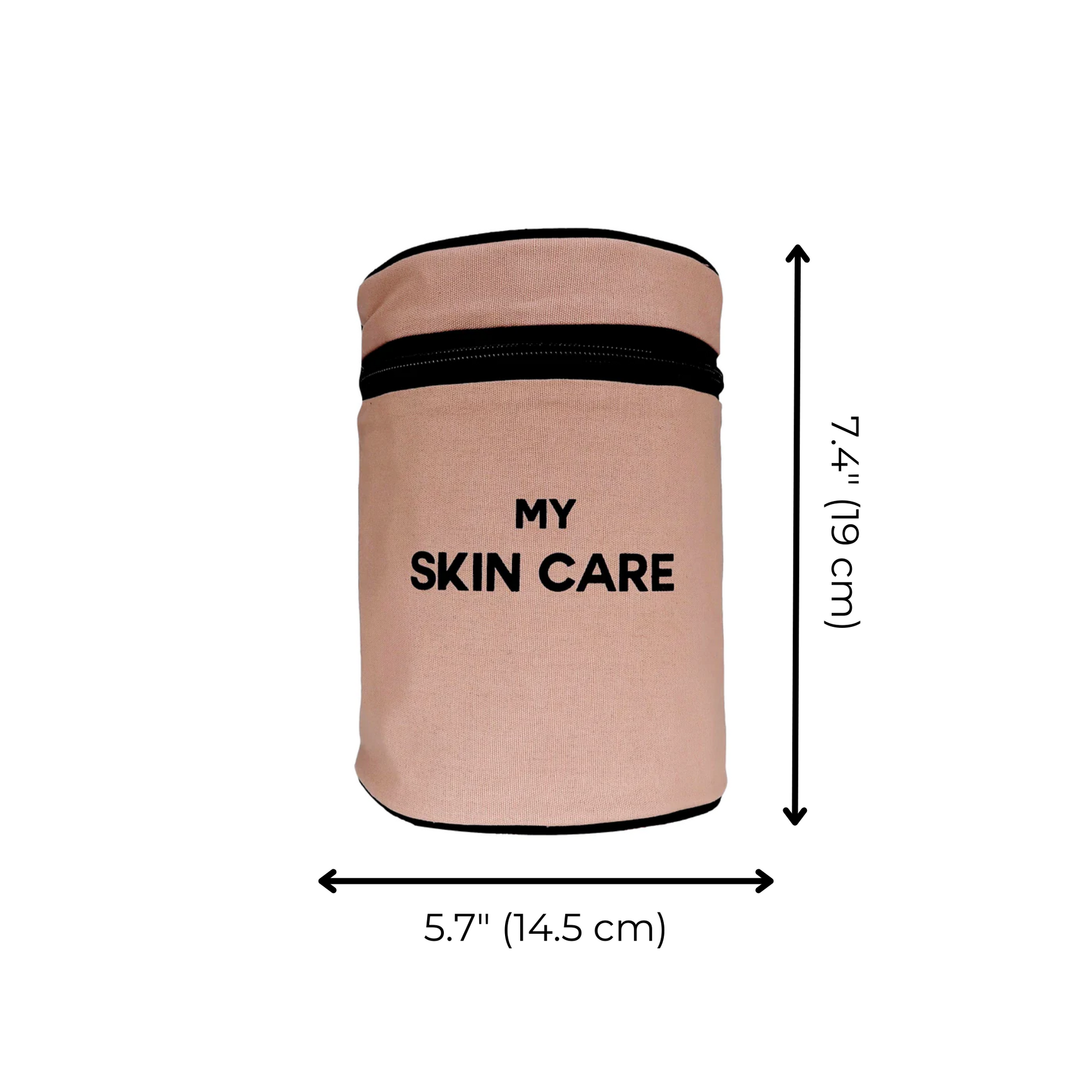 Bag-all Round My Skin Care Case in pink blush, cylindrical organizer with black zipper and text, measures 7.4 inches tall and 5.7 inches wide