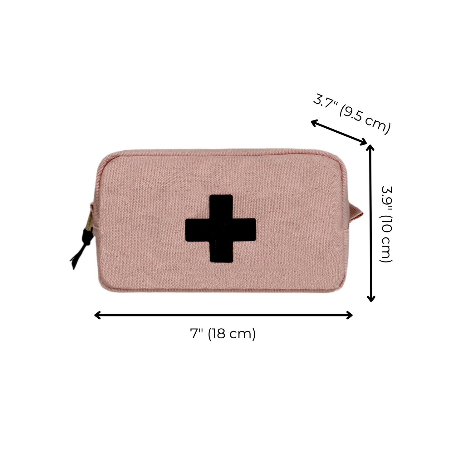 Bag-all First Aid Organizing Pouch in blush pink cotton with black medical cross, featuring dimensions 7x3.9x3.7 inches, zippered closure and waterproof lining for medication storage
