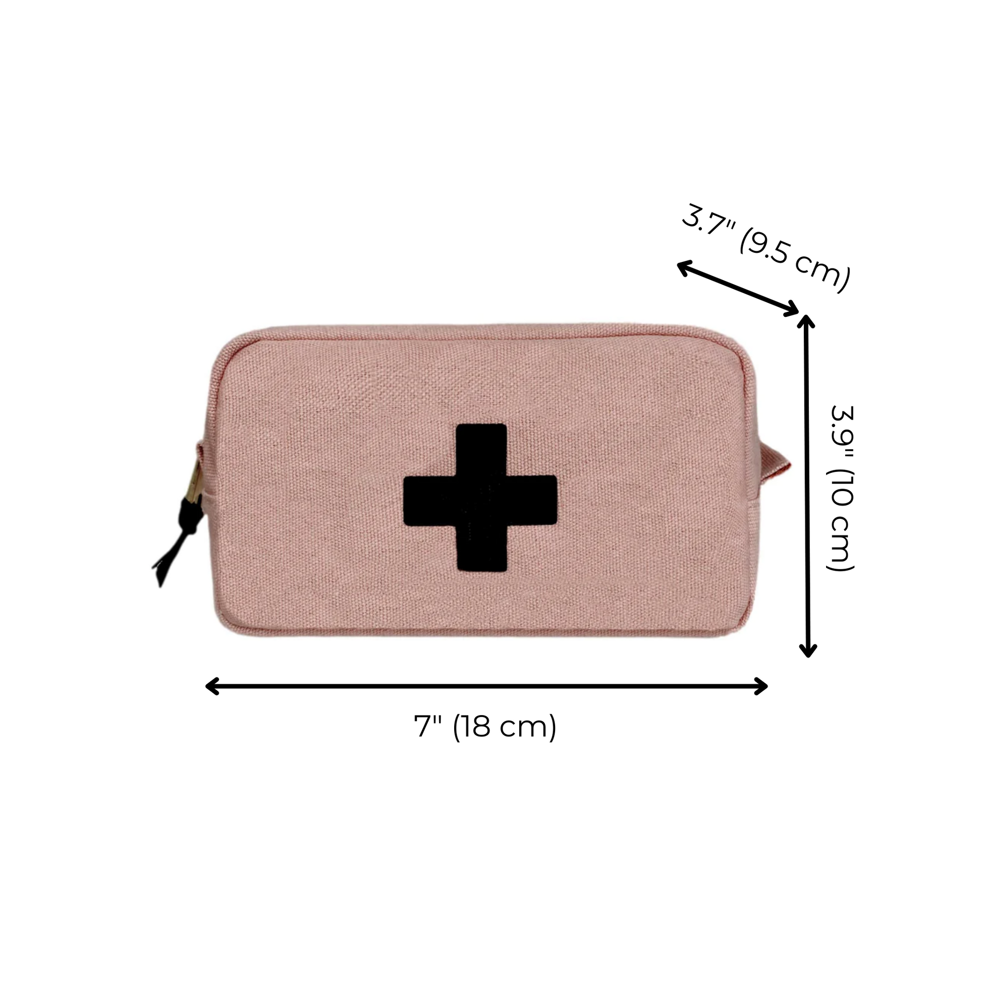 Bag-all First Aid Organizing Pouch in blush pink cotton with black medical cross, featuring dimensions 7x3.9x3.7 inches, zippered closure and waterproof lining for medication storage