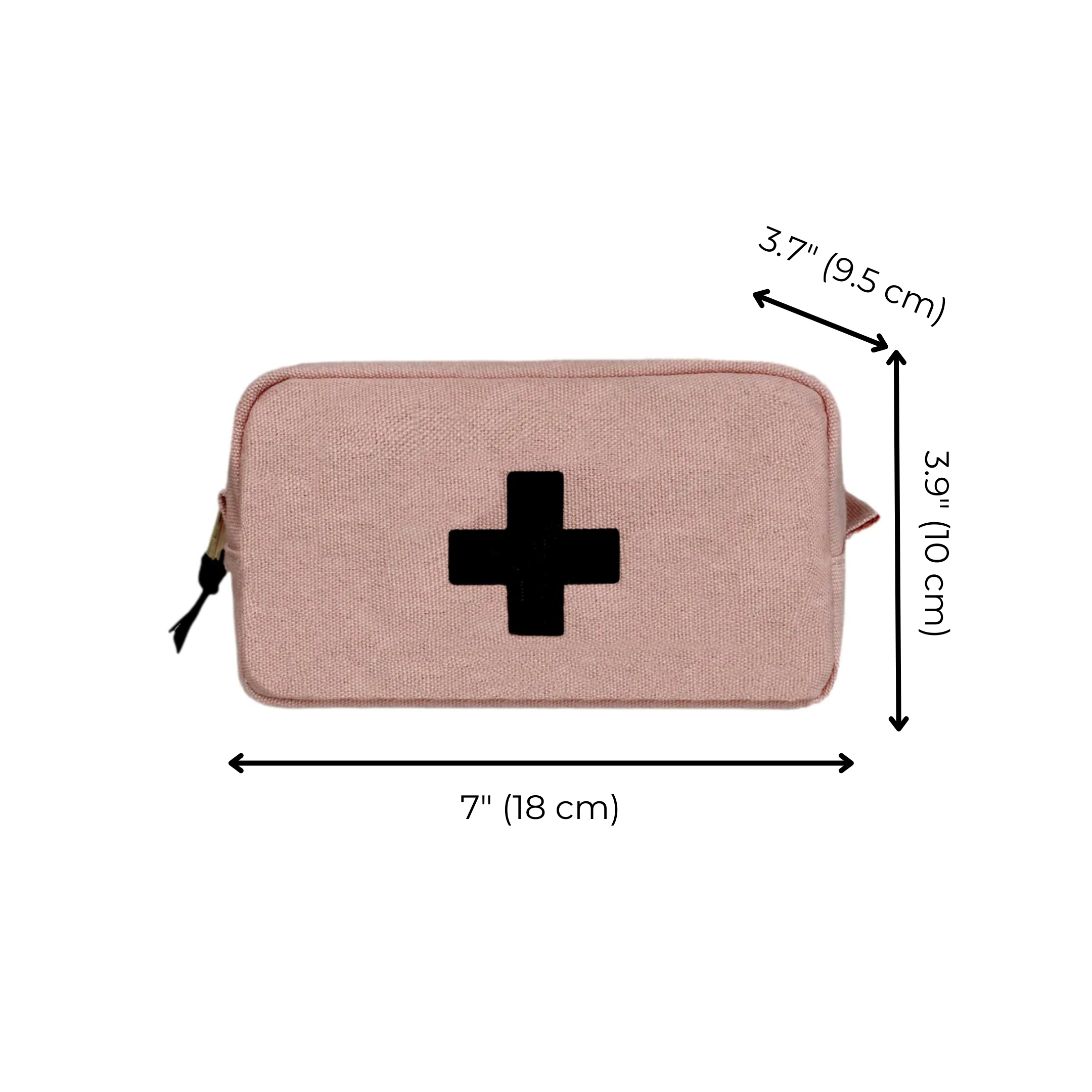 Bag-all First Aid Organizing Pouch in blush pink cotton with black medical cross, featuring dimensions 7x3.9x3.7 inches, zippered closure and waterproof lining for medication storage