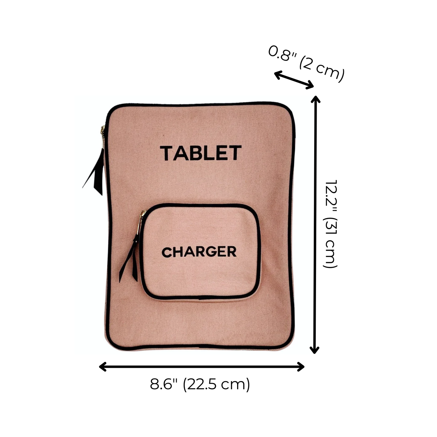 Bag-all Tablet Case 11" in blush pink cotton with integrated charger pocket, featuring black text labels and measurements of 12.2" x 8.6" with 0.8" depth. Padded sleeve design with zipper closure.