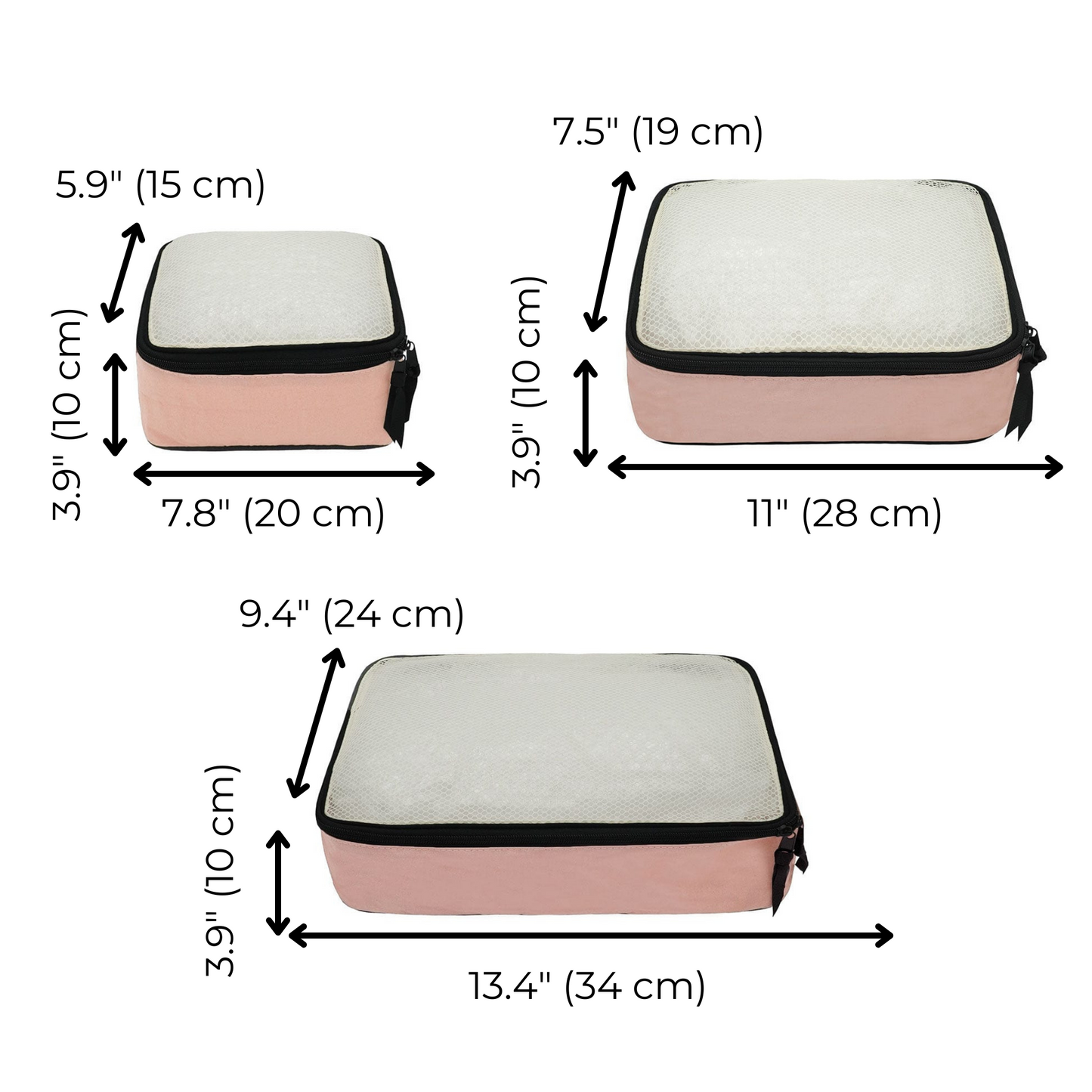Bag-all Cotton Packing Cubes 3-pack Pink/Blush shown in three sizes with measurements - small 15x20cm, medium 19x28cm, and large 24x34cm, featuring mesh tops and black trim