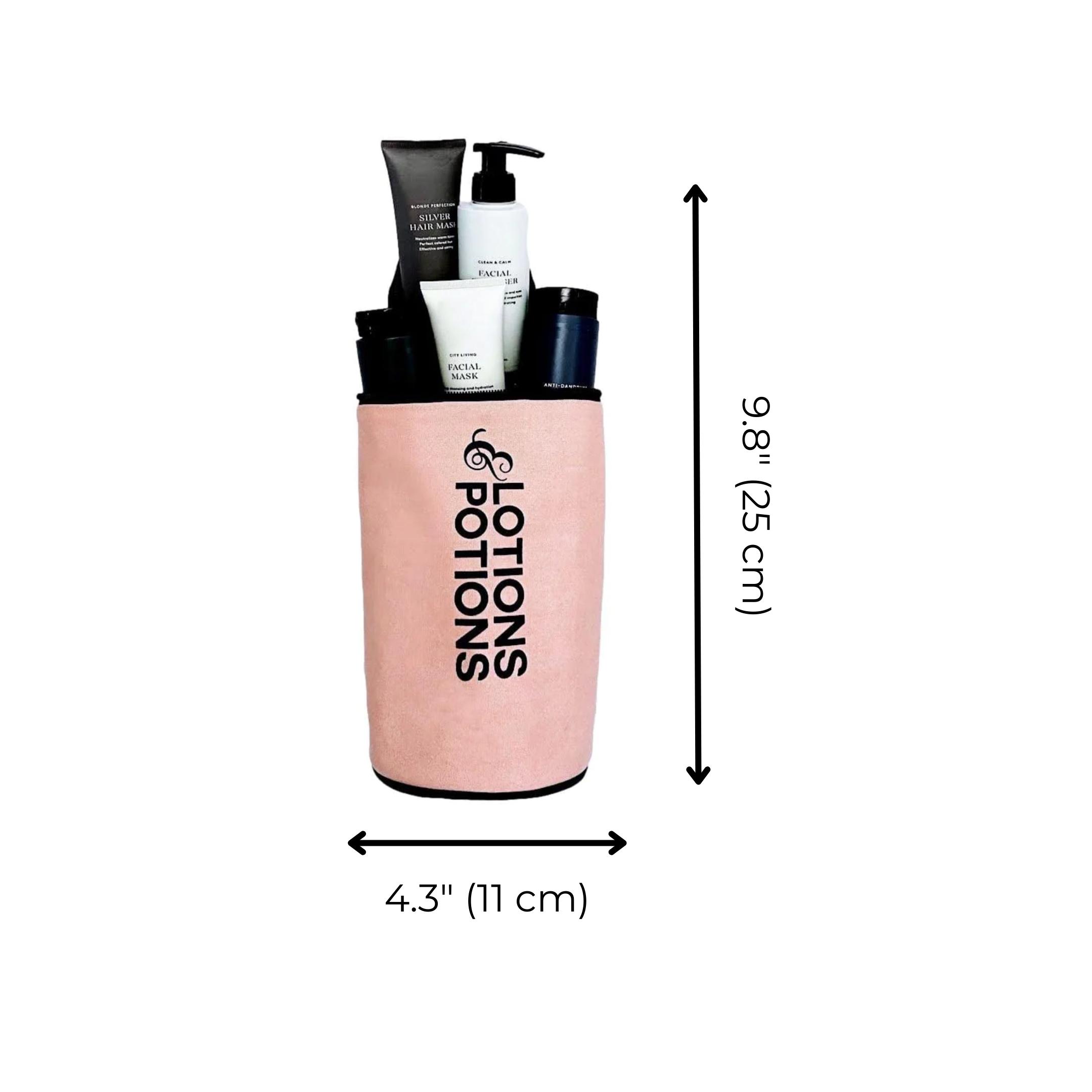Bag-all Lotions & Potions Travel Case in blush pink with waterproof lining, measuring 9.8" x 4.3", holding toiletries and beauty products in a cylindrical organized case