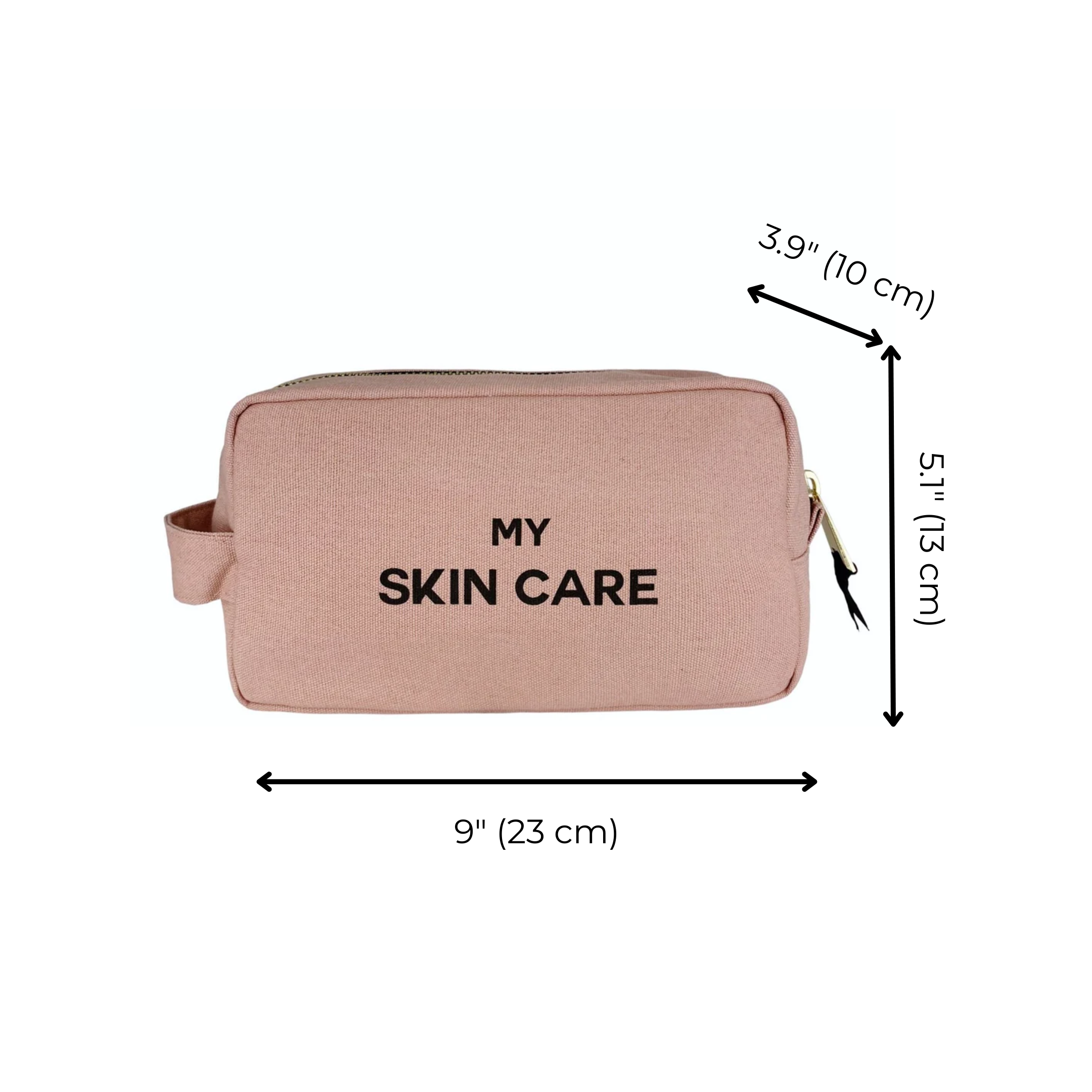 Bag-all My Skin Care Organizing Pouch in blush pink cotton with waterproof lining, featuring black text and dimensions 9x3.9x5.1 inches, perfect for skincare storage and travel