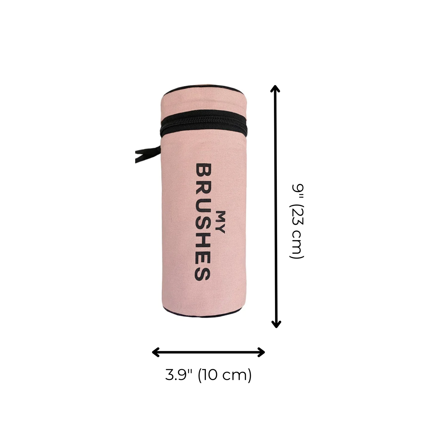 Bag-all My Brushes pink makeup brush organizer case with black text and zipper closure, 9 inches tall, perfect for storing cosmetic tools