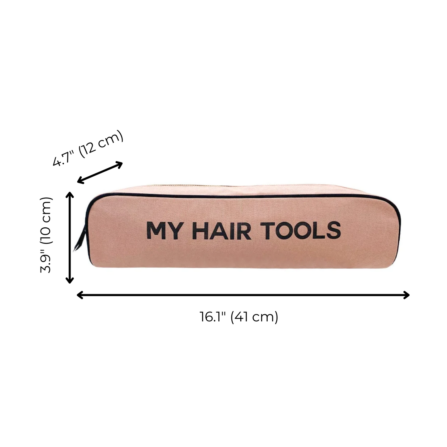 Bag-all Roomy Hair Wrap Tools Travel Case in pink blush with measurement details, featuring black text My Hair Tools and heat-resistant lining for styling tools