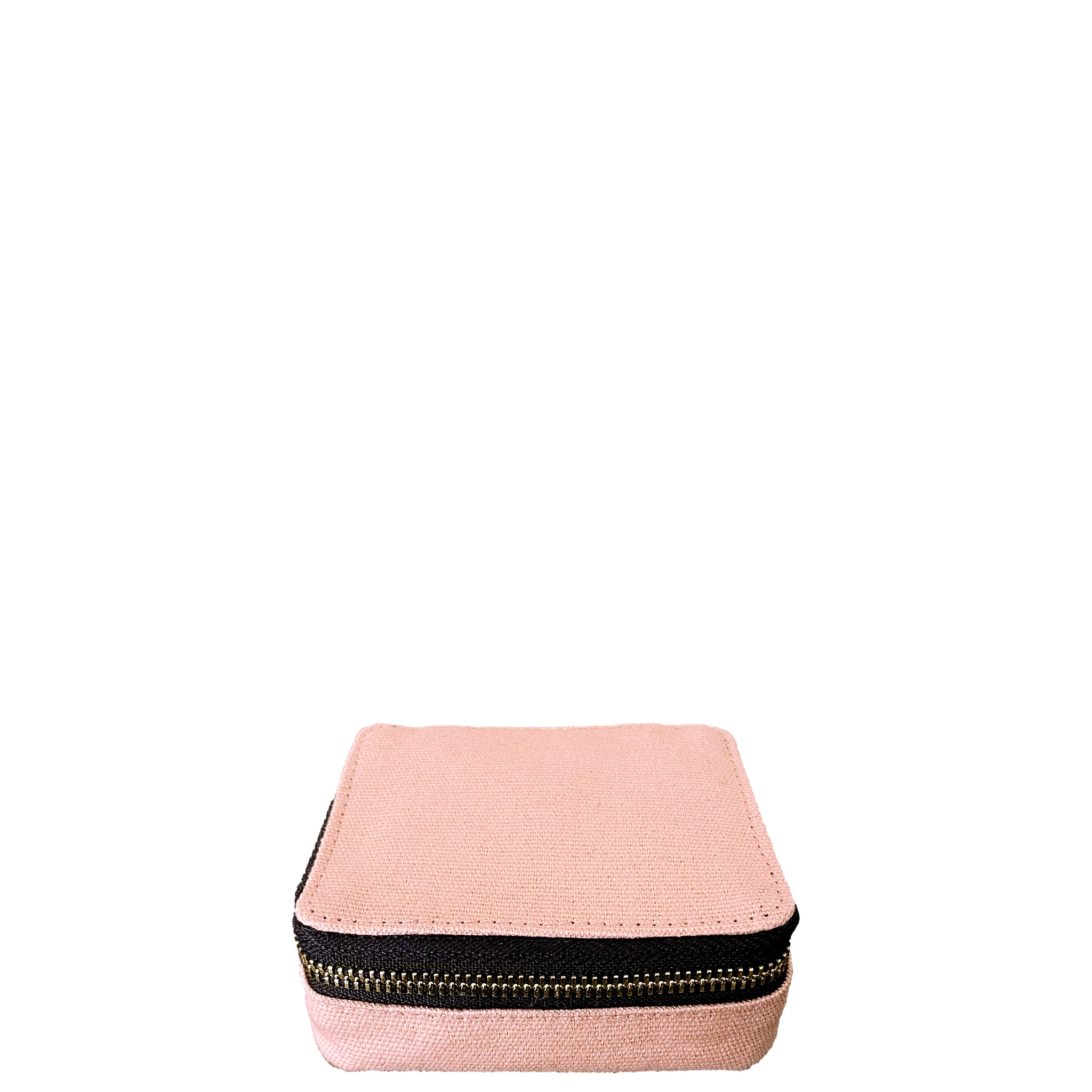 Bag-all Pink Jewelry/Trinket Box with gold zipper - compact travel organizer for accessories with striped lining in blush color