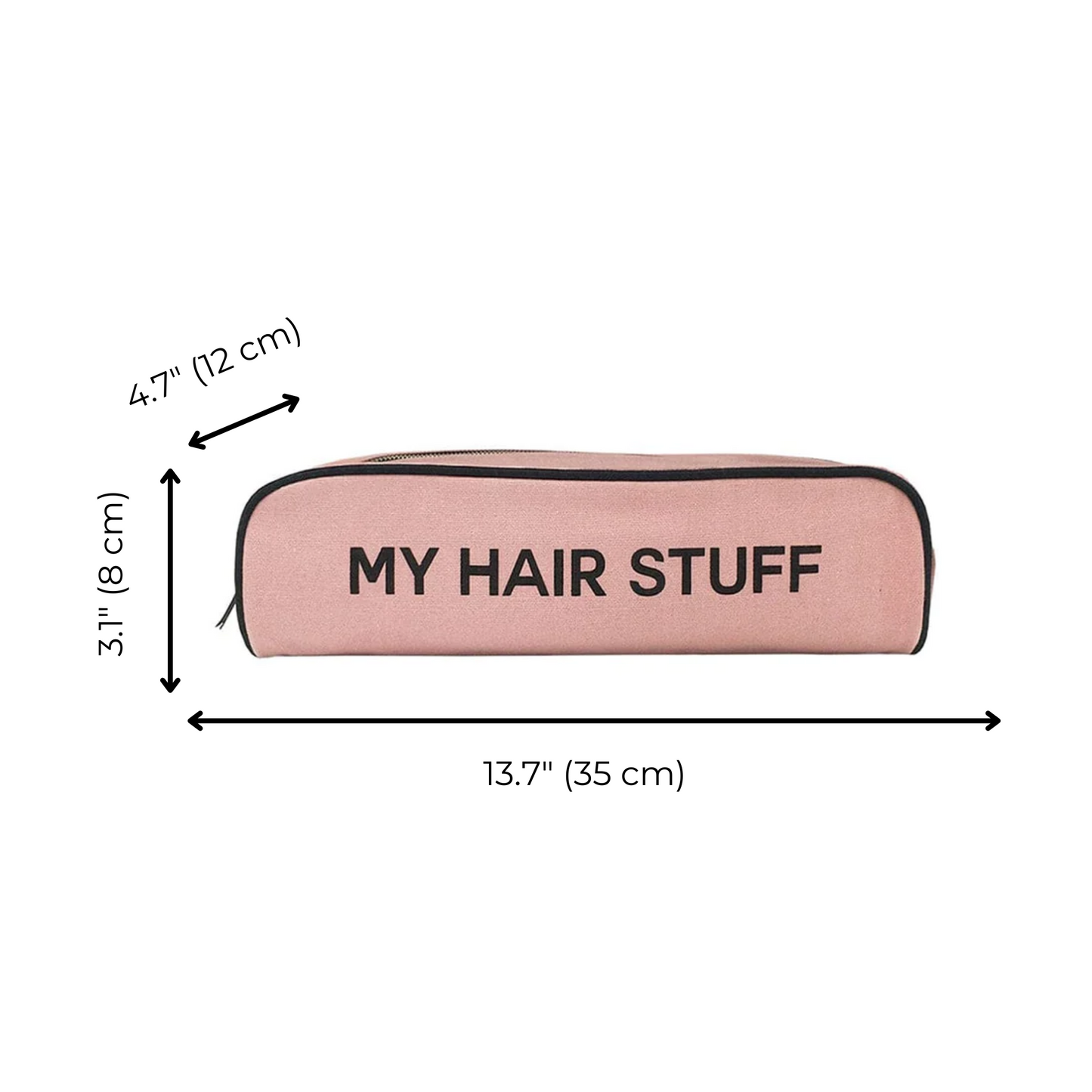 Bag-all Hair Stuff Travel Case in blush pink with black trim, featuring thermal lining and gold zipper. Measures 13.7x4.7x3.1 inches for organizing styling tools