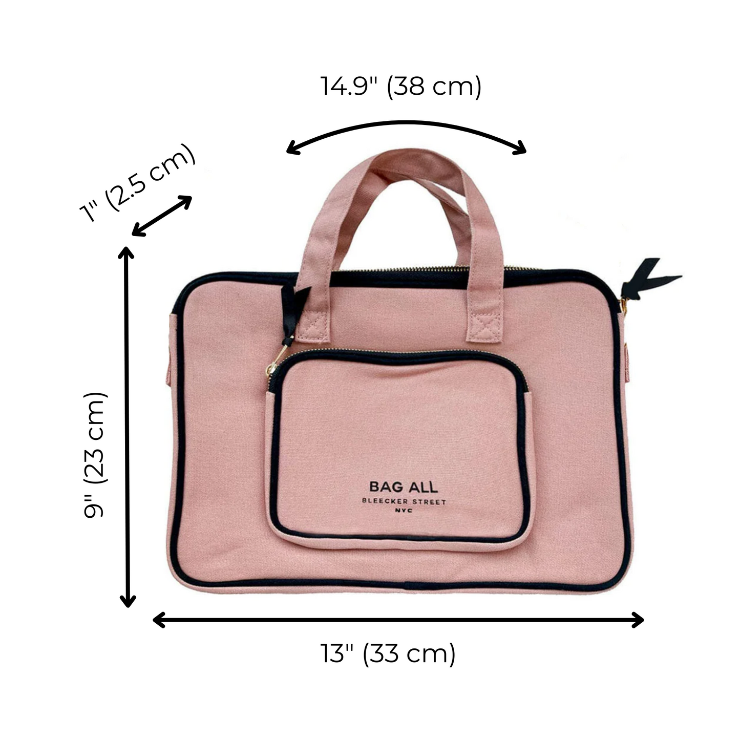 Bag-all Pink Laptop Case 13" with charger pocket, featuring padded cotton design, black zippered front compartment, and measurements 14.9" x 9" x 1