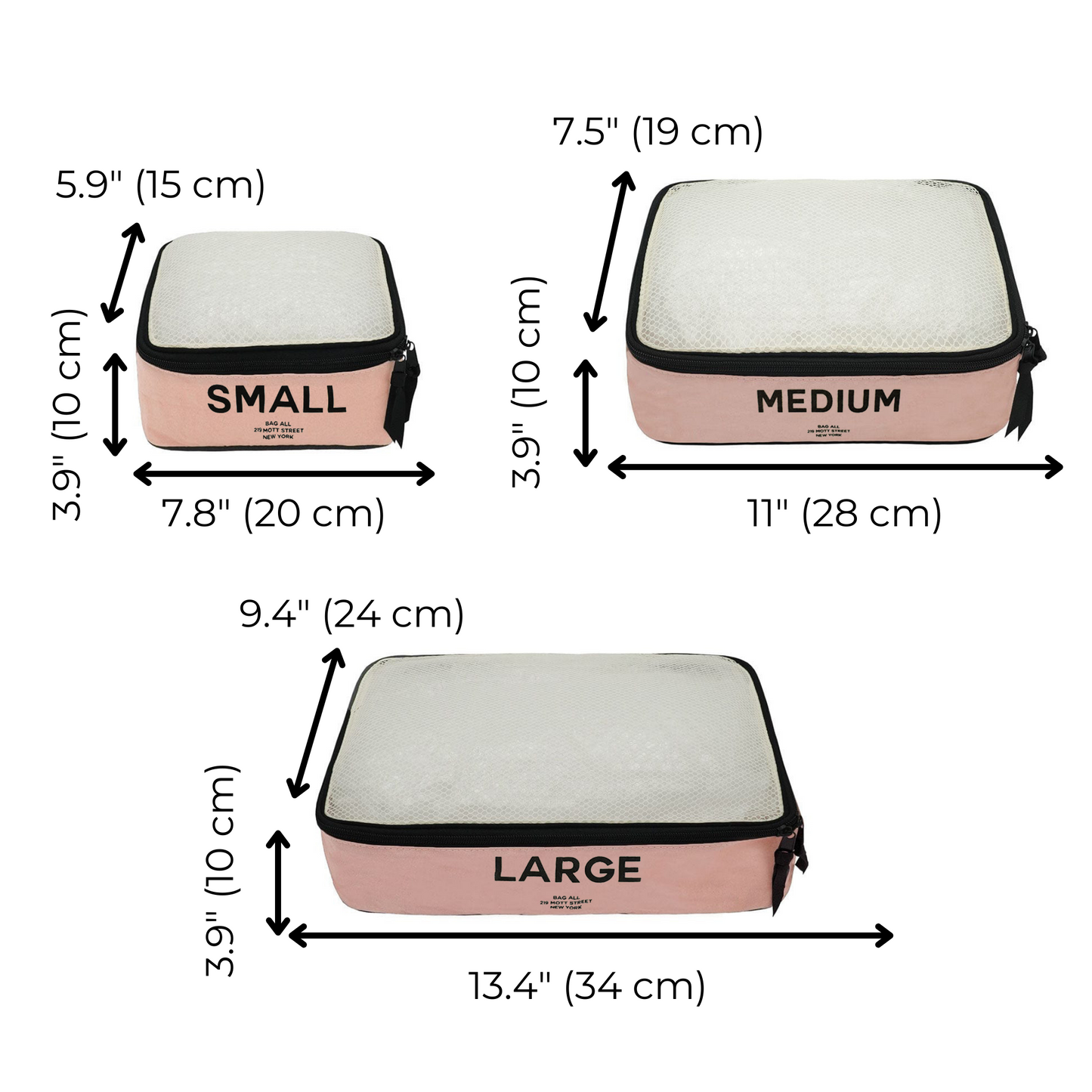 Bag-all Cotton Packing Cubes in Pink/Blush - Set of 3 sizes with mesh top panels, showing exact dimensions. Small, medium and large organizers in soft pink with black trim and white mesh.