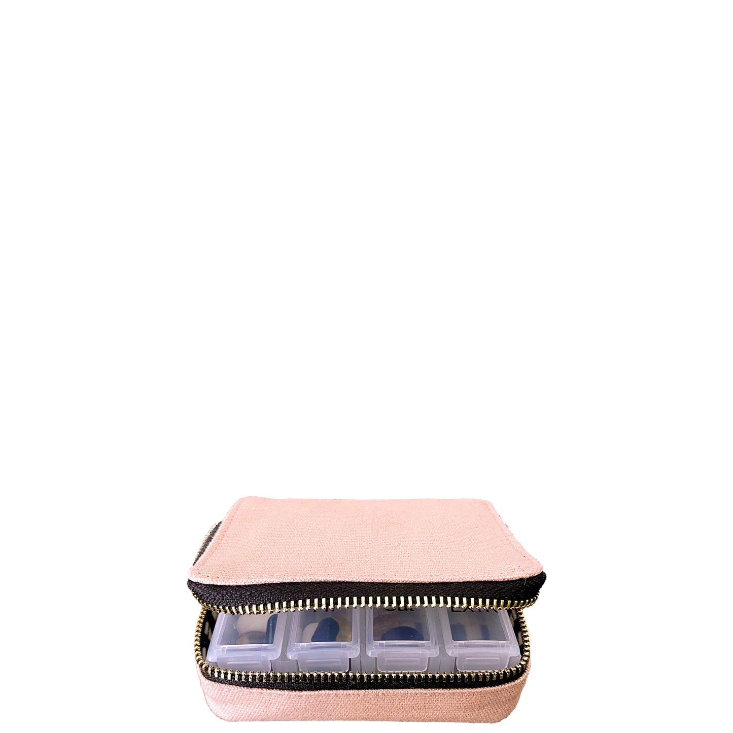 Bag-all Pink Pill Organizing Case with Weekly Pill Organizer featuring zip closure, cotton material, and removable compartments for daily medication storage and travel