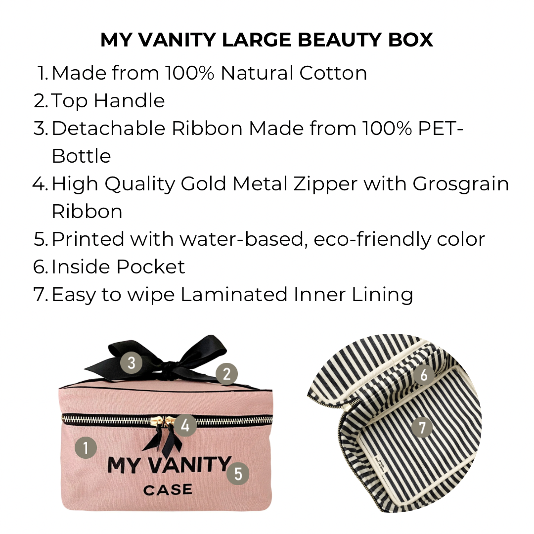 Bag-all My Vanity Large Beauty Box in pink/blush with cotton exterior, gold zipper, removable bow handle, and striped laminated lining for organized beauty storage and travel