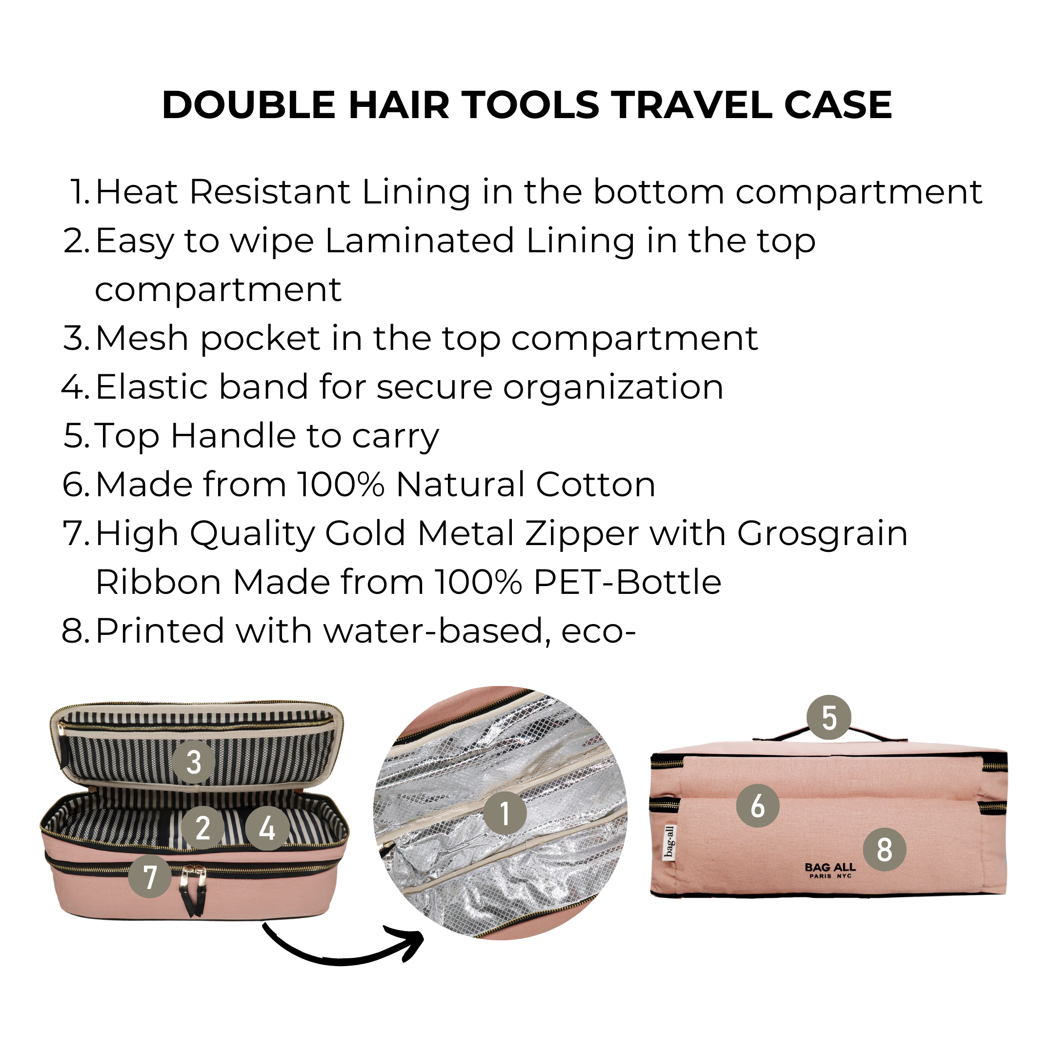 Bag-all Double Hair Tools Travel Case in Pink/Blush features heat-resistant lining, dual compartments, mesh pocket, elastic bands, cotton construction with gold zipper, perfect for organizing styling tools