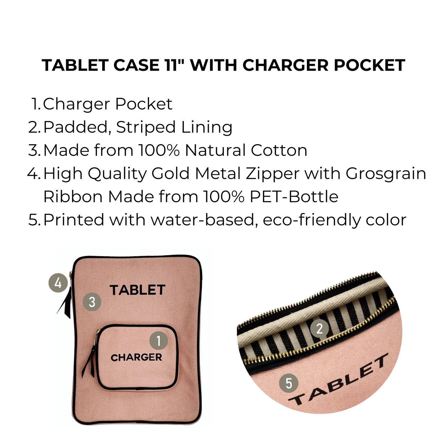 Bag-all Pink Tablet Case 11" with charger pocket featuring eco-friendly cotton construction, striped lining, and gold zipper. Premium protective sleeve with convenient charging cable storage and sustainable PET ribbon detail.