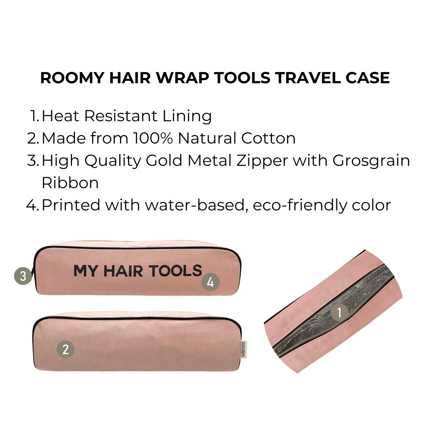 Bag-all Pink Roomy Hair Wrap Tools Travel Case featuring heat-resistant lining, natural cotton construction, gold zipper with recycled grosgrain ribbon, ideal for storing Airwrap and styling tools