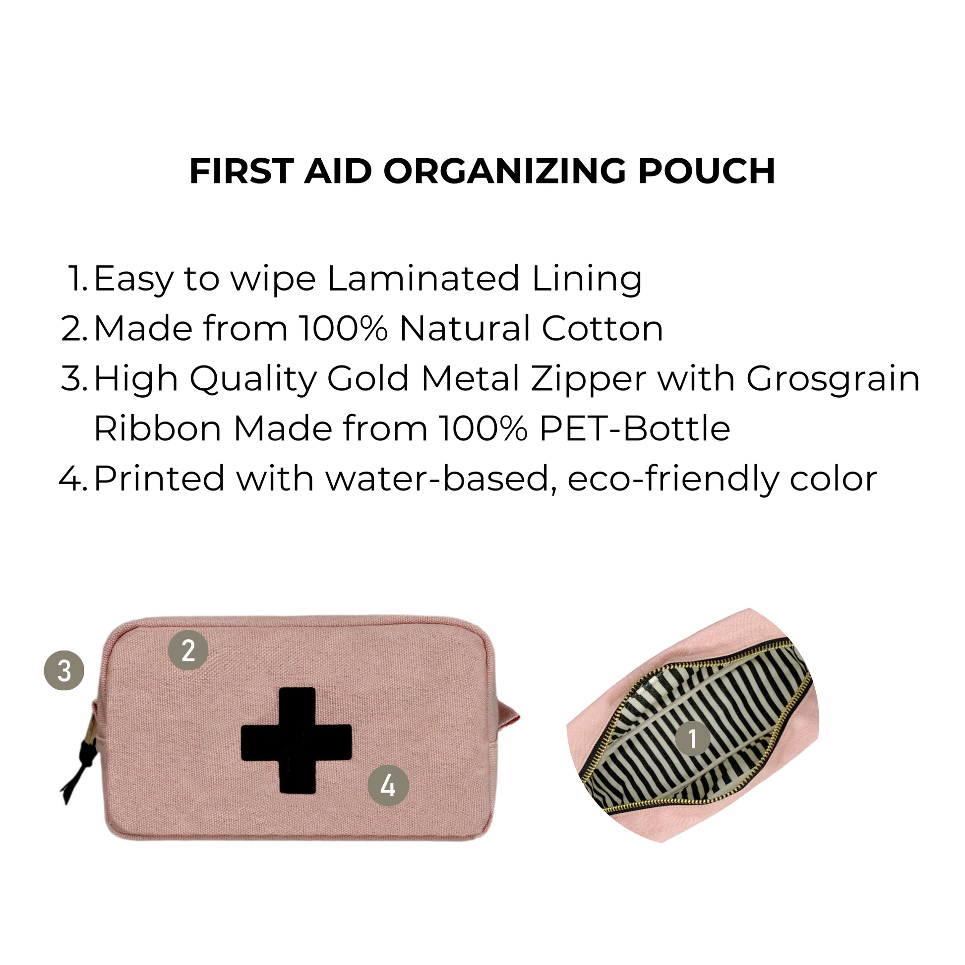 Bag-all First Aid Organizing Pouch in blush pink features laminated lining, natural cotton construction, gold zipper, and black medical cross symbol - perfect for organized medication storage