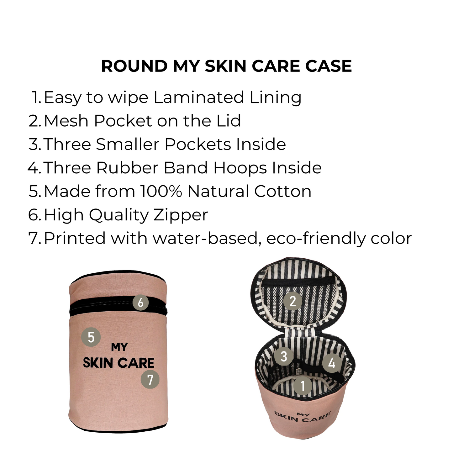 Bag-all Round My Skin Care Case in Pink/Blush features laminated lining, mesh lid pocket, 3 interior pockets with rubber bands, eco-friendly cotton construction for organized skincare storage