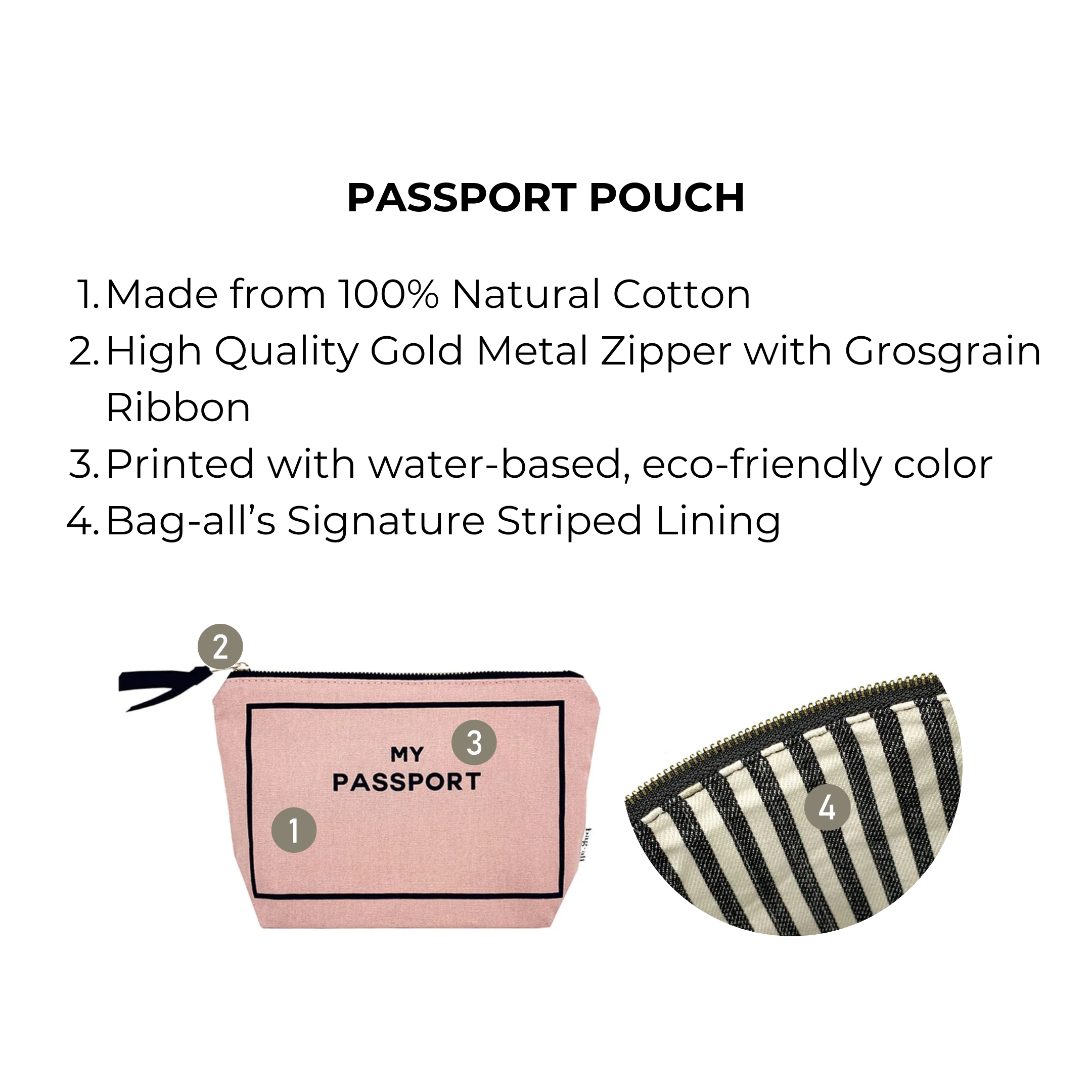 Bag-all Passport Pouch in blush pink cotton with gold zipper and striped lining, perfect for protecting travel documents and boarding passes