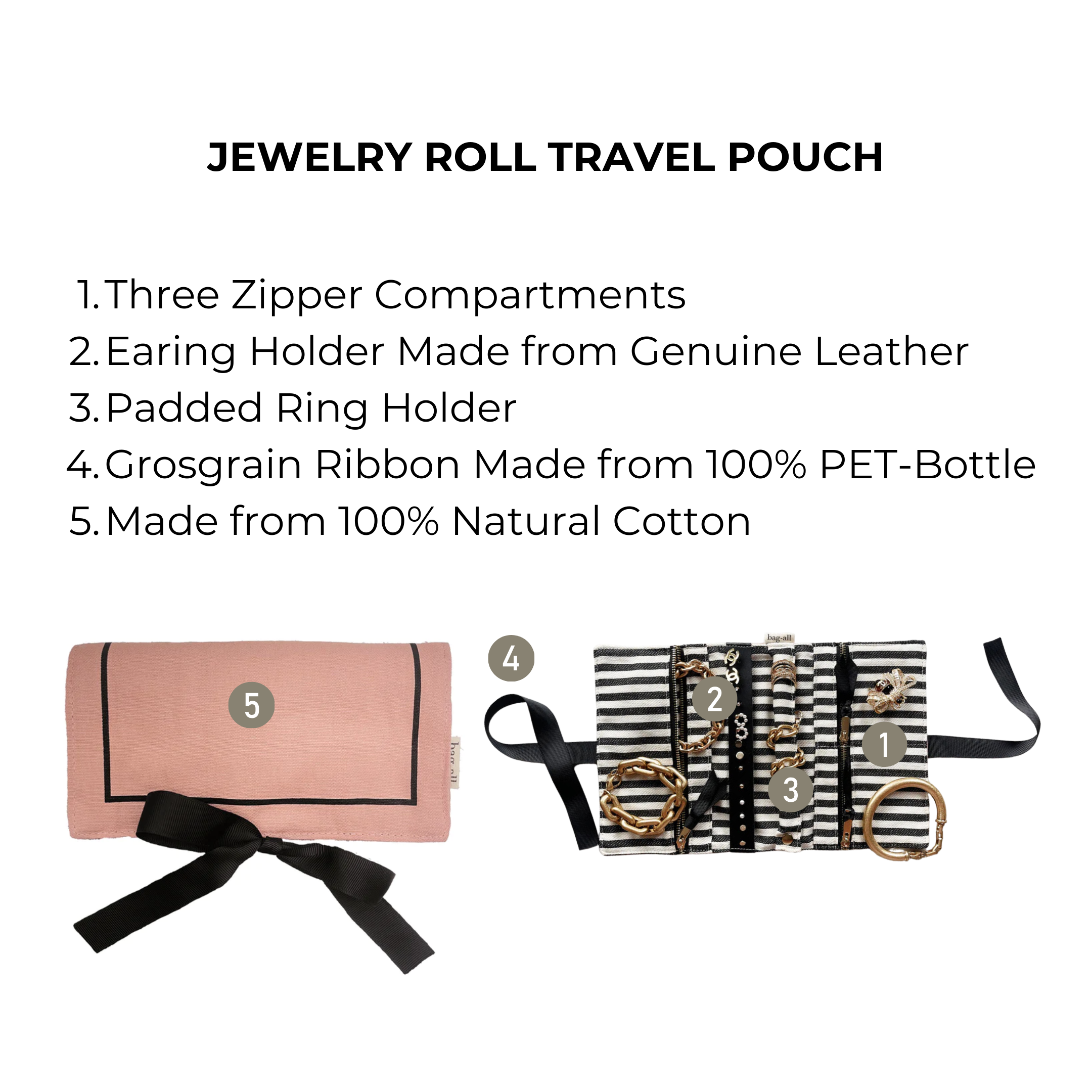 Bag-all Couture Jewelry Roll Medium in pink cotton with black-white striped interior, featuring three zipper compartments, leather earring holder, padded ring section, and eco-friendly grosgrain ribbon