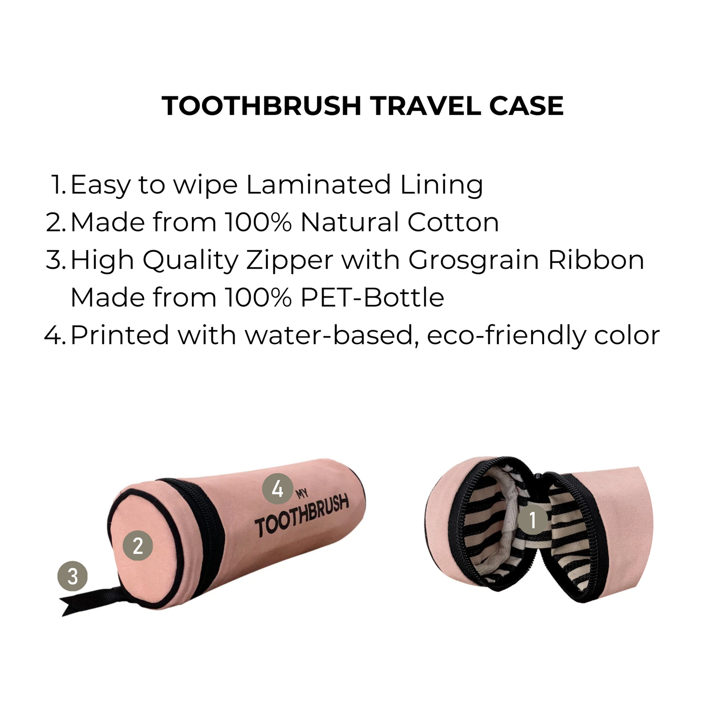 Bag-all Pink Toothbrush Travel Case with laminated interior, natural cotton exterior, and eco-friendly design. Features grosgrain ribbon zipper and holds multiple toothbrushes. Sustainable travel organizer in blush color.