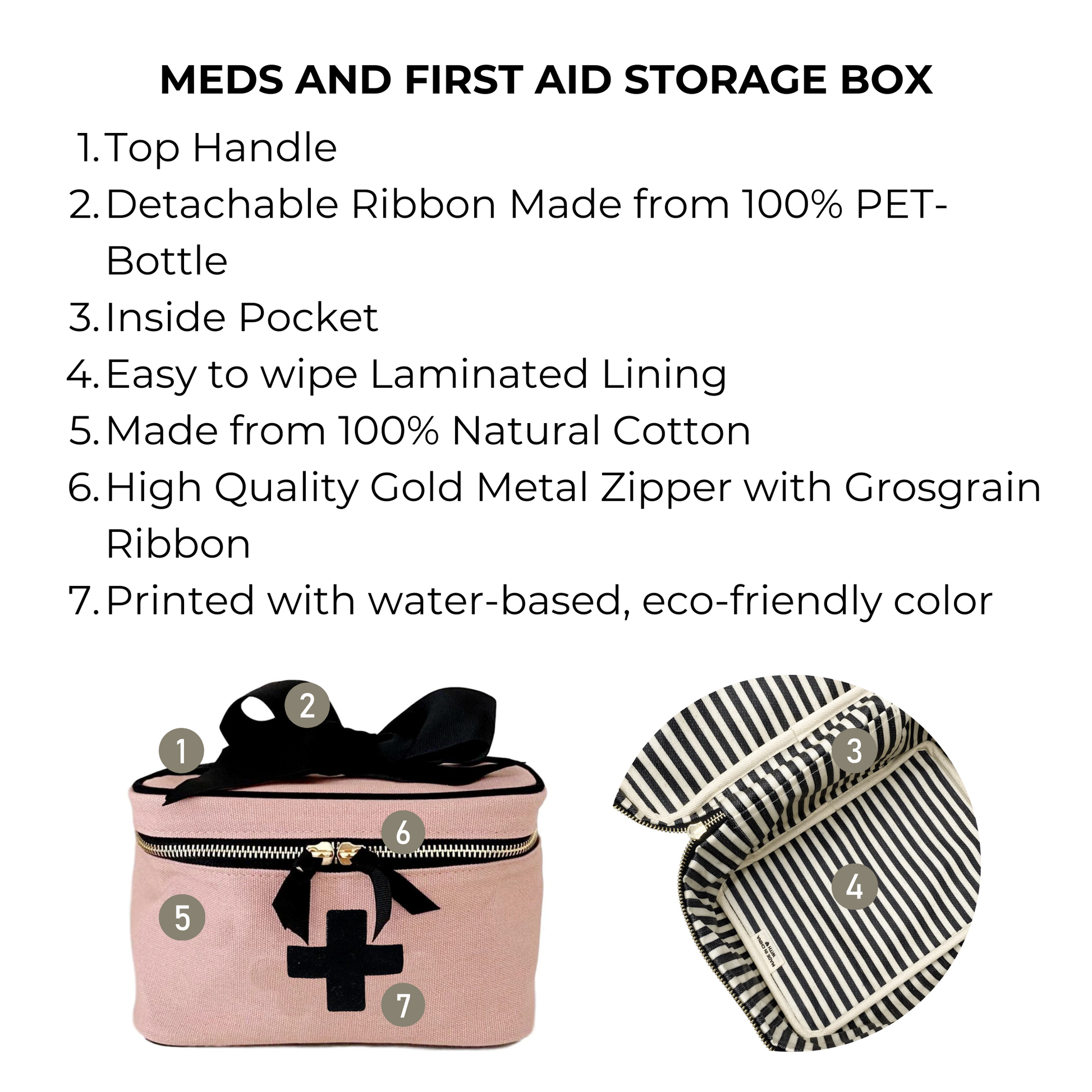 Bag-all pink Meds and First Aid Storage Box with black cross print, featuring recycled ribbon, cotton material, striped lining, and top handle for portable organization