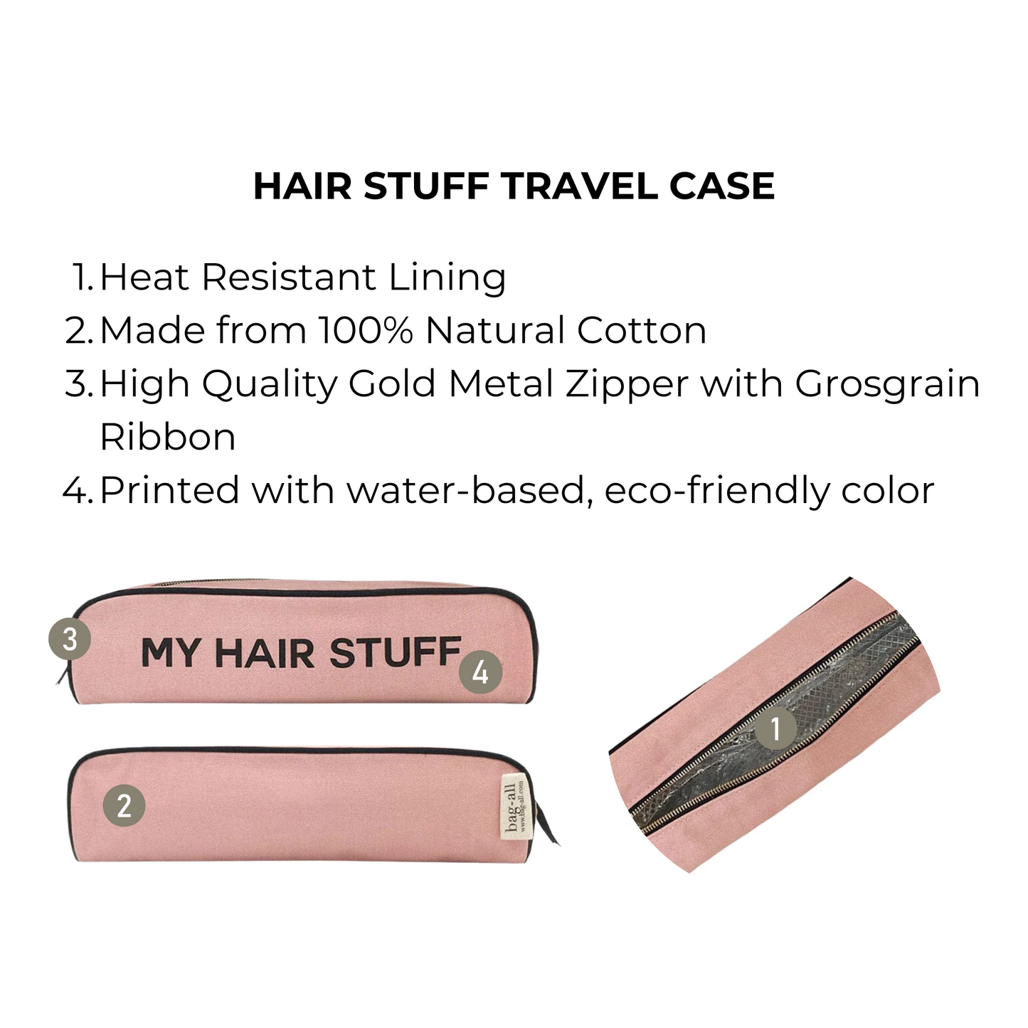 Bag-all Hair Stuff Travel Case in pink/blush with heat-resistant thermal lining, gold zipper and cotton construction - perfect for organizing styling tools and accessories