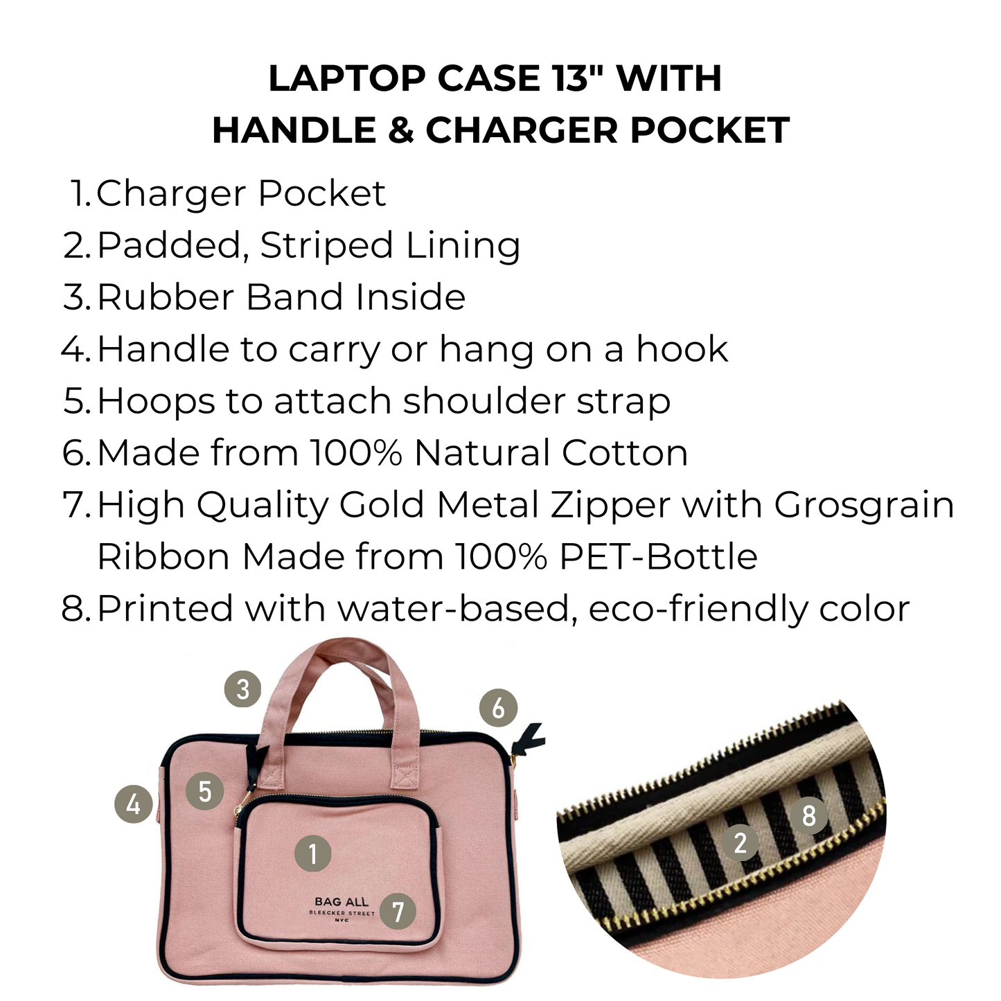 Bag-all Laptop Case 13" in blush pink with charger pocket, and striped lining. Features padded interior, cotton construction, and eco-friendly design for MacBook protection.