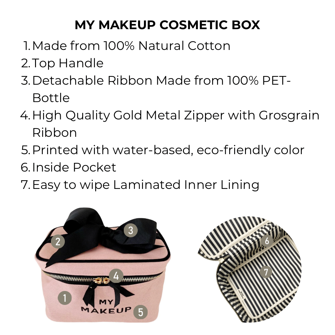 Bag-all My Makeup Cosmetic Box in blush pink with black bow, gold zipper, and striped laminated lining. Features natural cotton exterior, top handle, and eco-friendly materials. Perfect for organizing beauty essentials.