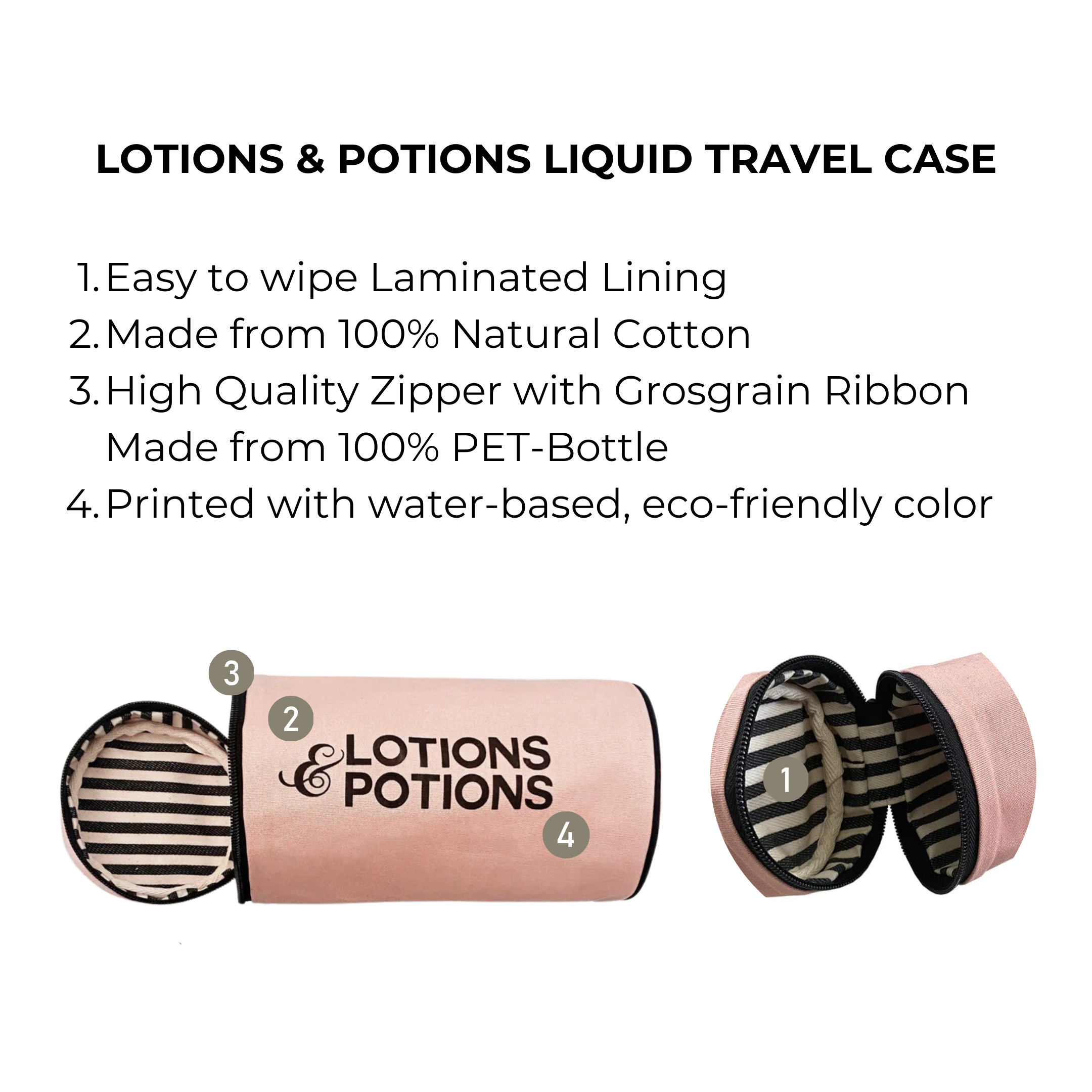 Bag-all Lotions & Potions Liquid Travel Case in blush pink with striped waterproof lining, eco-friendly cotton construction and high-quality zipper, perfect for organizing toiletries during travel