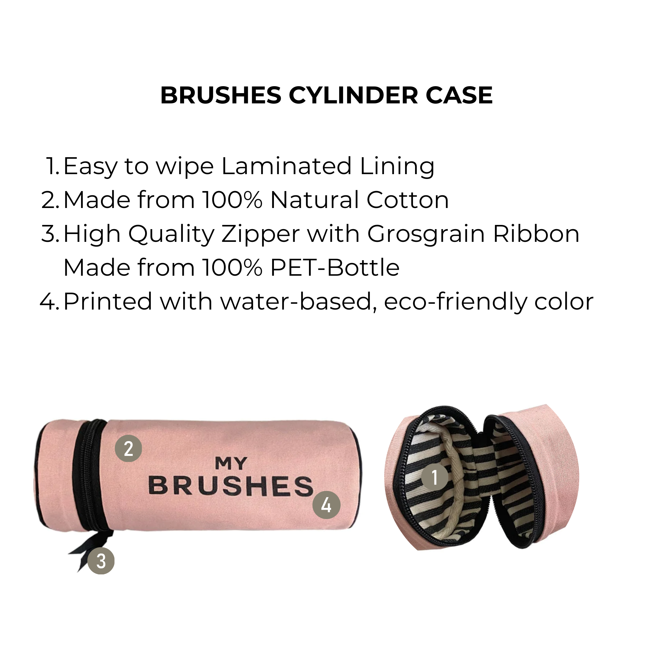 Bag-all Brushes Cylinder Case - Pink cotton makeup brush organizer with laminated lining, eco-friendly zipper, and striped interior. Perfect for storing and protecting cosmetic brushes.
