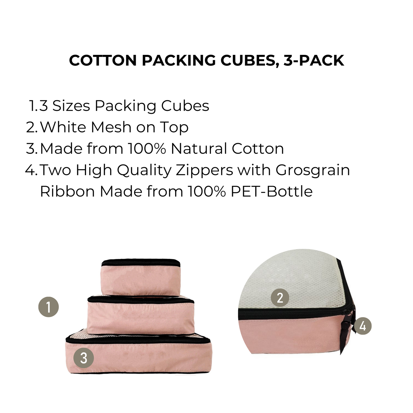 Bag-all Cotton Packing Cubes 3-pack in Pink/Blush featuring mesh tops, natural cotton material, three sizes for organized travel storage, with quality zippers and grosgrain ribbon trim.