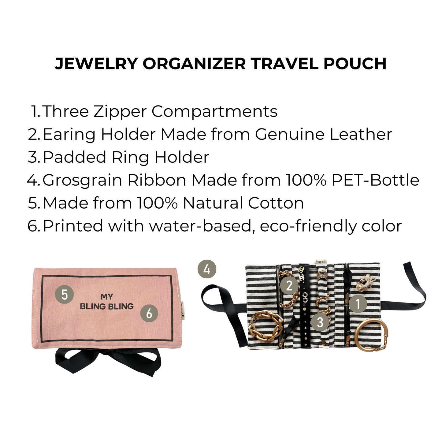 Bag-all Jewelry Organizer Travel Pouch in blush pink with three zippered compartments, leather earring holder, padded ring storage, striped interior, and eco-friendly black bow closure