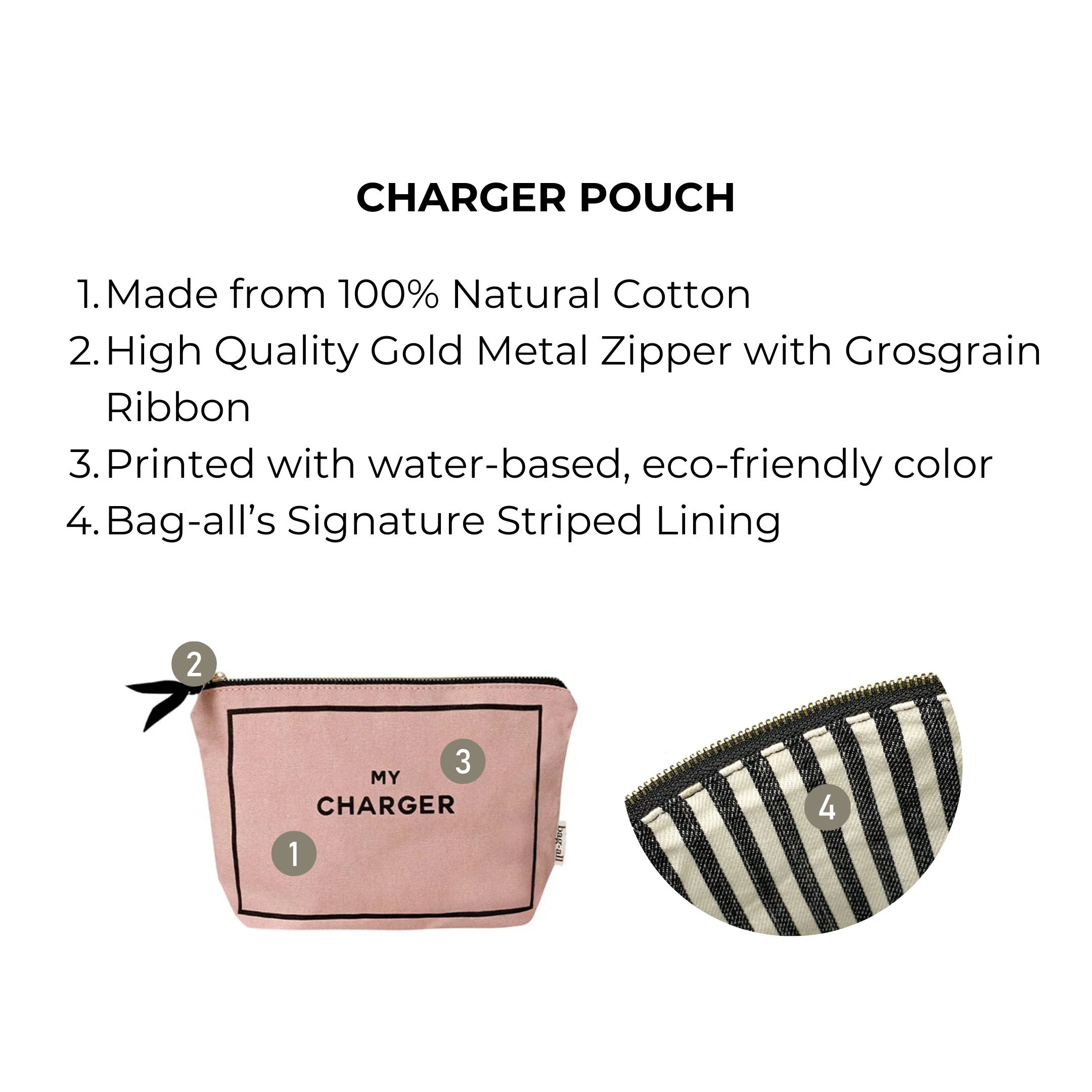 Bag-all Charger Pouch in blush pink cotton with gold zipper and striped lining, featuring 'My Charger' text, perfect for organizing cables and tech accessories