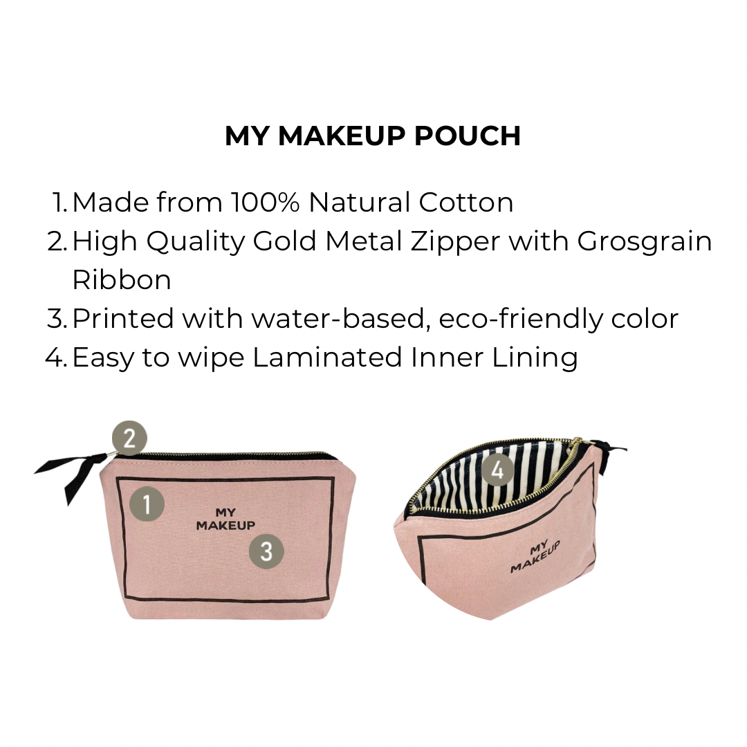 Bag-all My Makeup Pouch in blush pink cotton with gold zipper, striped laminated lining, featuring eco-friendly print and water-resistant interior for convenient makeup storage