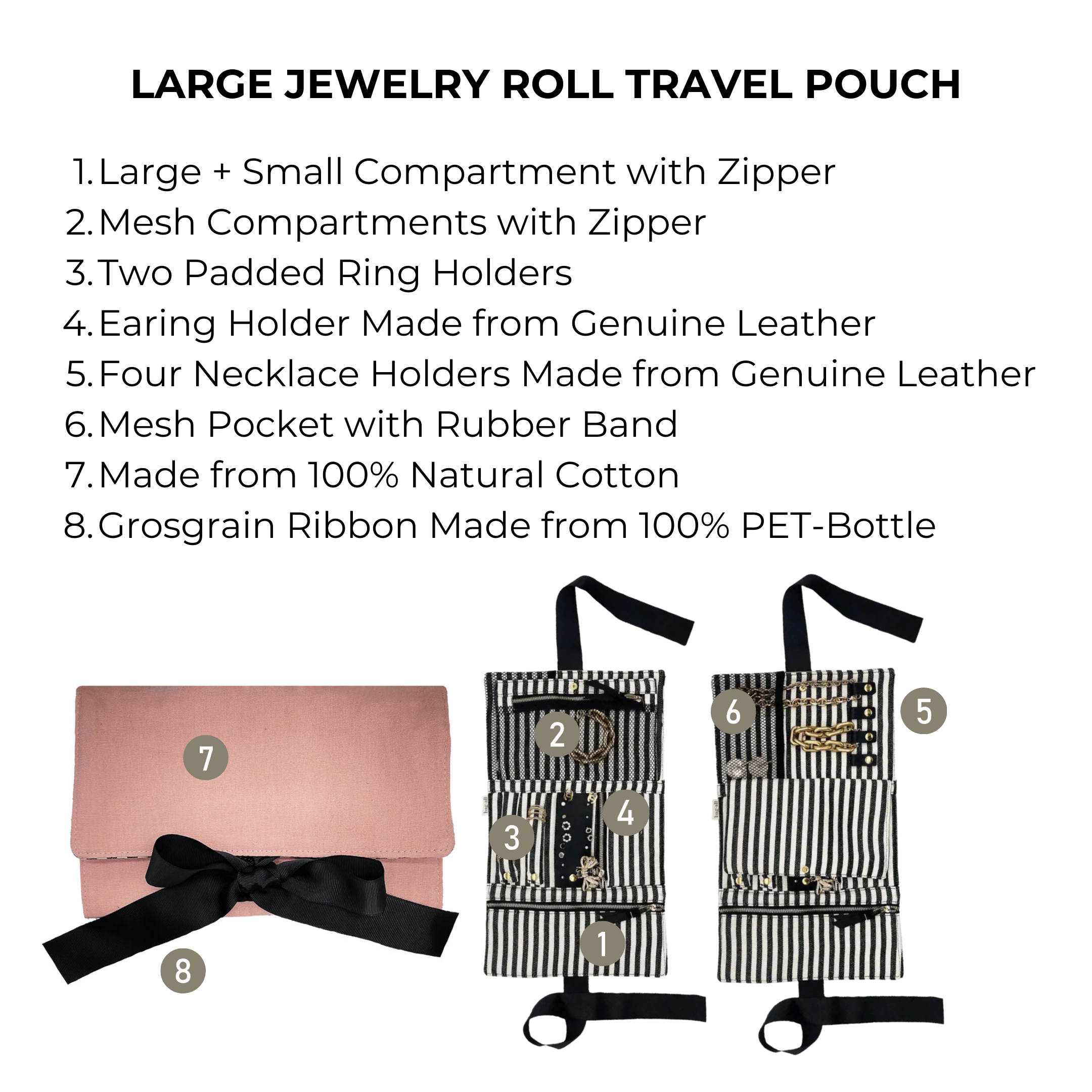 Bag-all Large Jewelry Roll Travel Pouch in pink with multiple compartments, genuine leather holders, mesh pockets, and sustainable grosgrain ribbon closure for secure jewelry storage and organization during travel