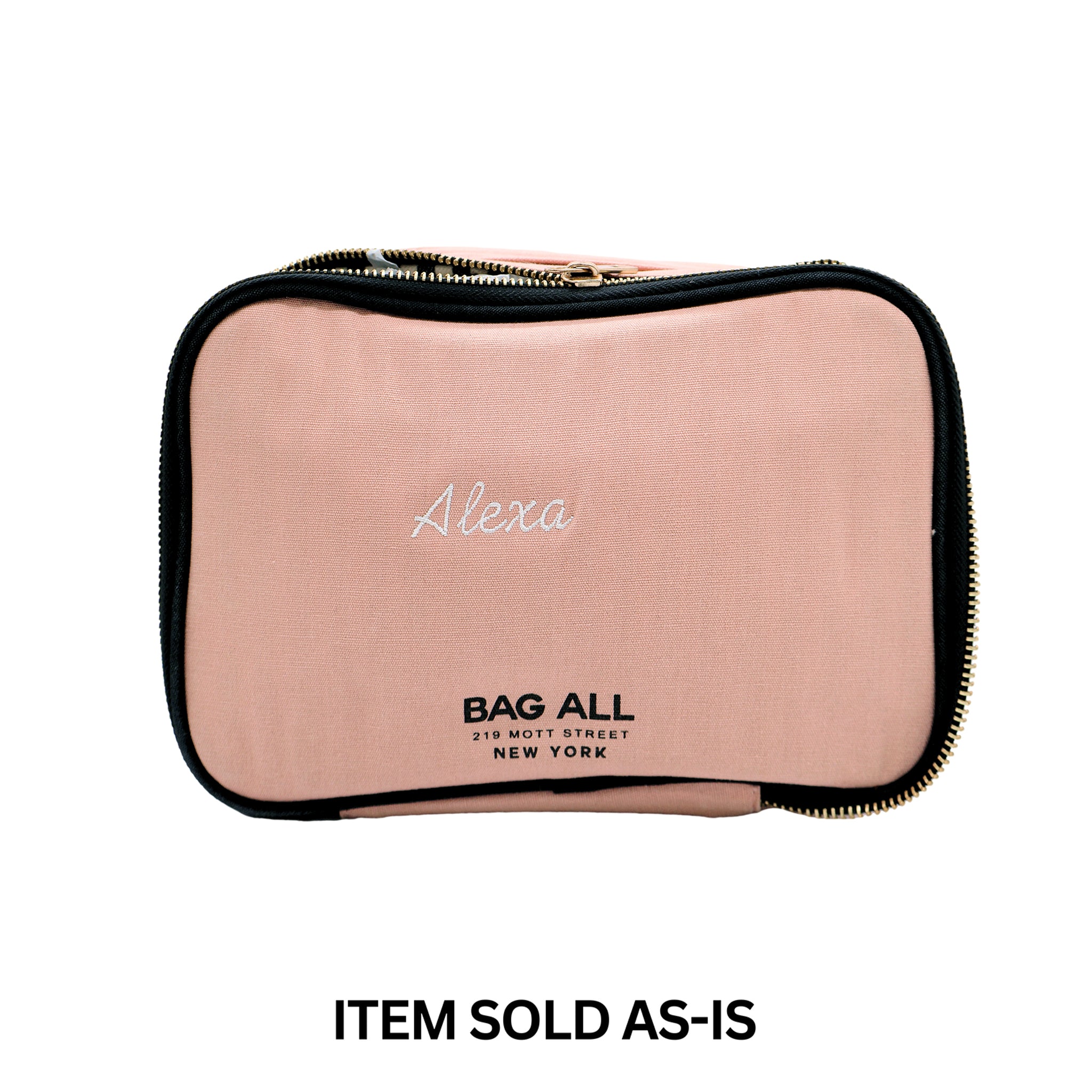 Pink blush travel toiletry case with white Alexa monogram error by Bag-all, perfect for organized packing, sold as-is