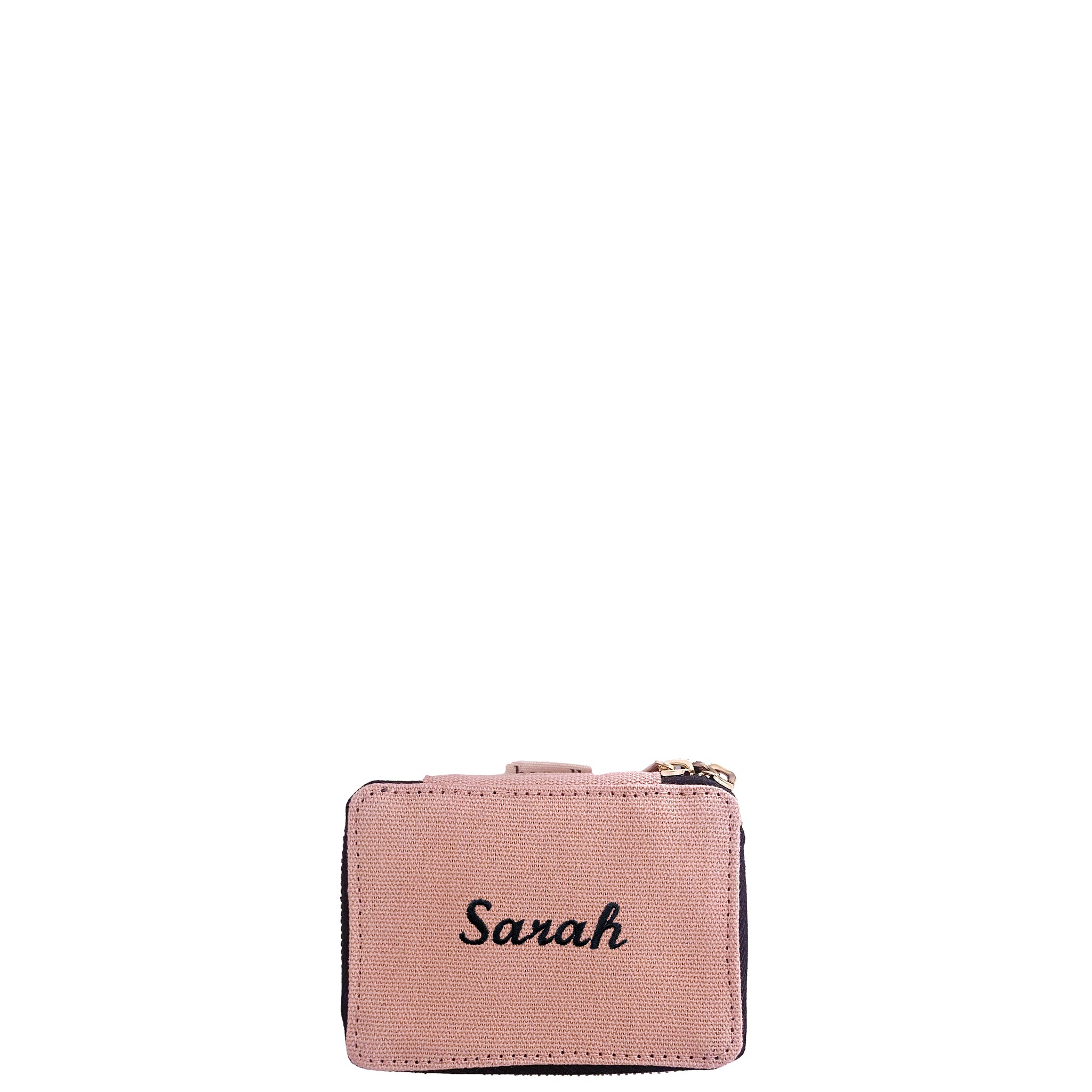 Bag-all Pink Jewelry/Trinket Box with gold zipper and personalized monogram name, compact travel-sized organizer with striped interior lining
