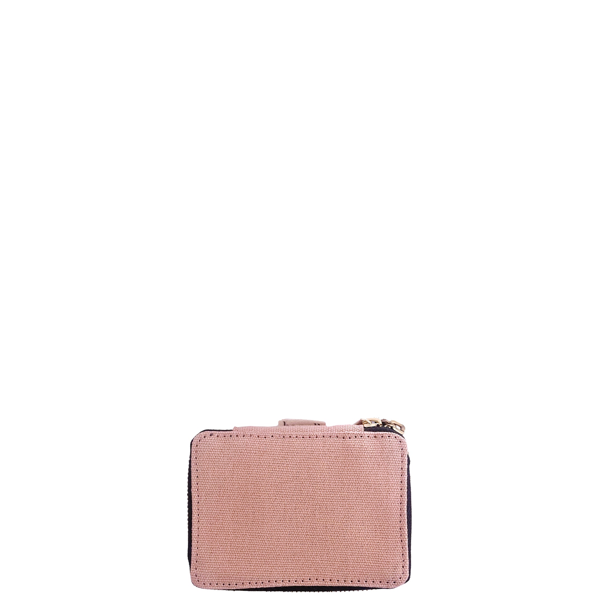 Bag-all Pink Jewelry/Trinket Box with gold zipper, compact travel-friendly design, striped interior lining, perfect for organizing small accessories and valuables