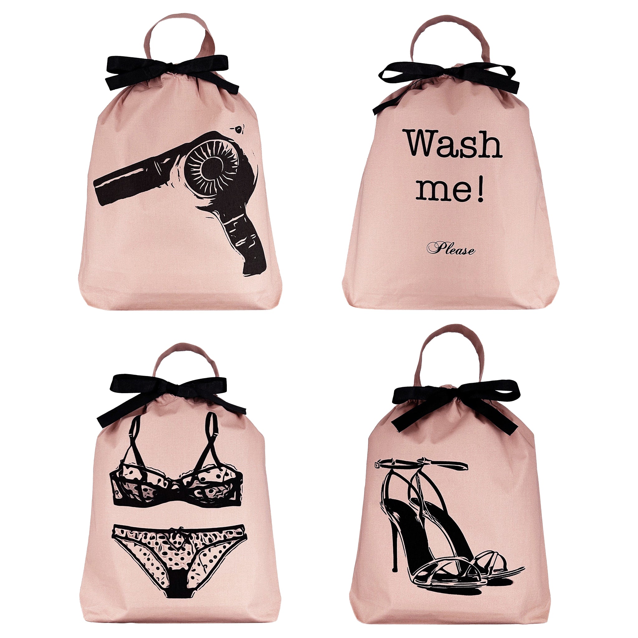 Bag-all Women's Travel Set 4-pack featuring pink organizing bags with black bow details - includes laundry, hair dryer, lingerie, and shoe bags with stylish graphic prints in blush color