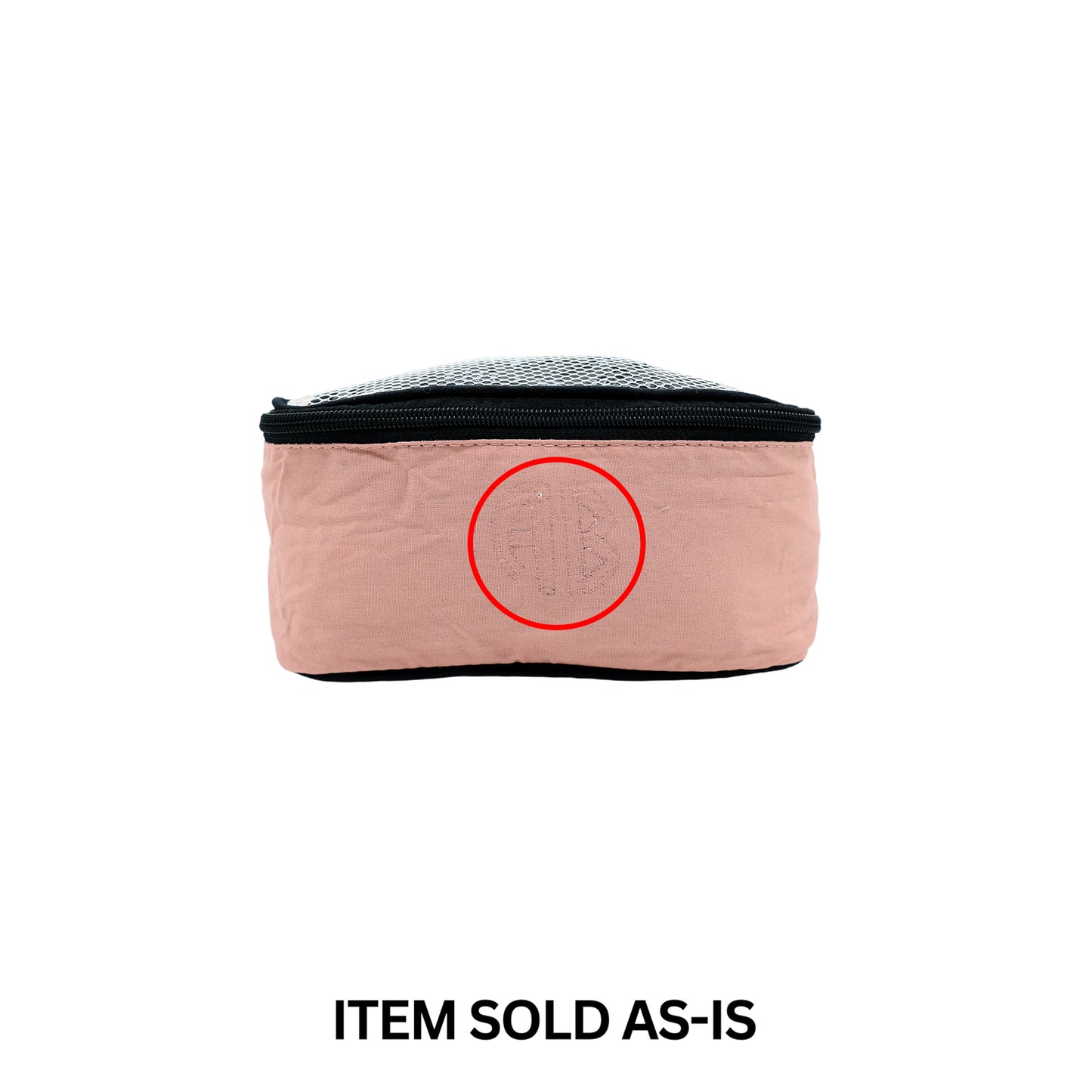 Bag-all small cotton packing cube in pink blush with faint monogram outline and black zipper, sold as-is final sale item