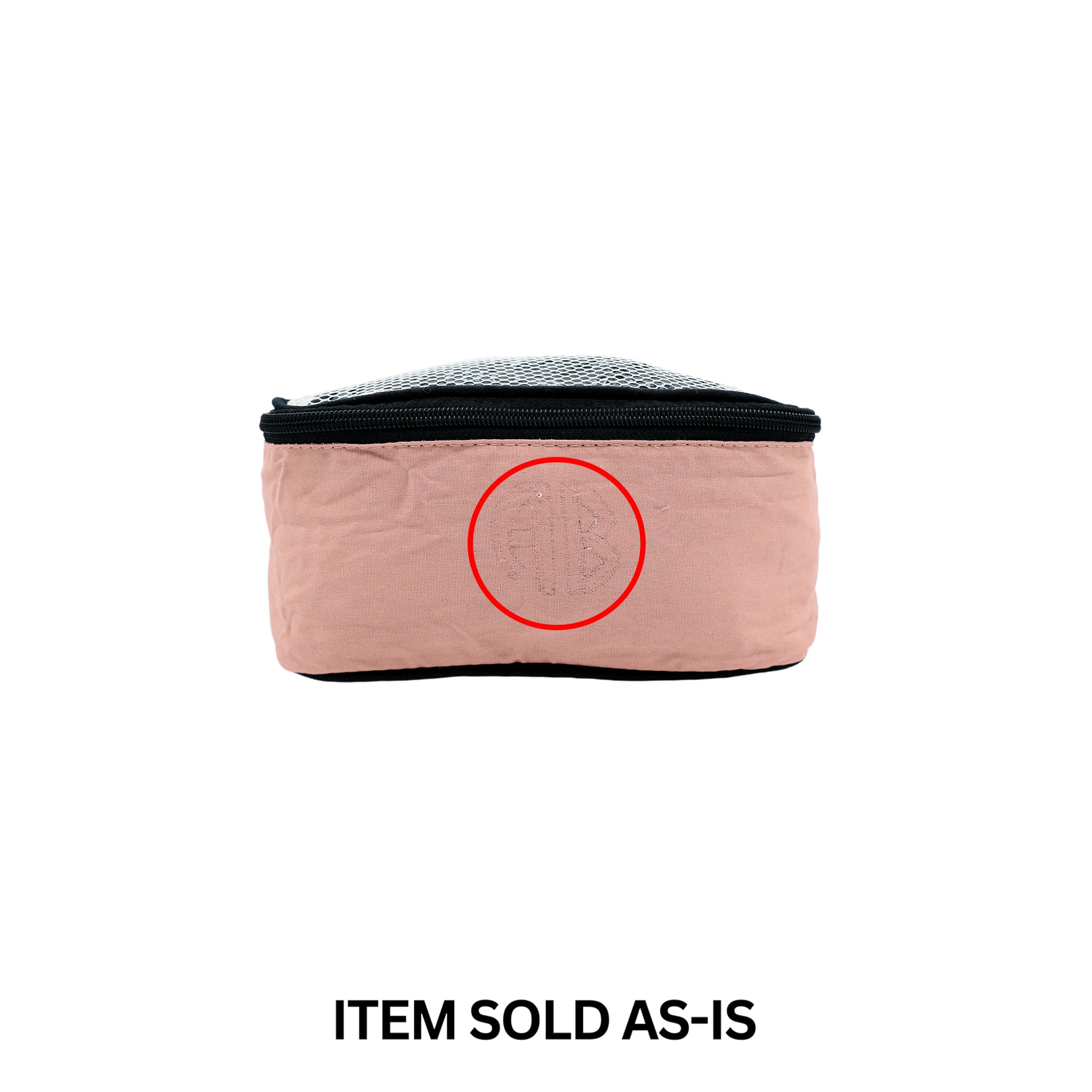 Bag-all small cotton packing cube in pink blush with faint monogram outline and black zipper, sold as-is final sale item