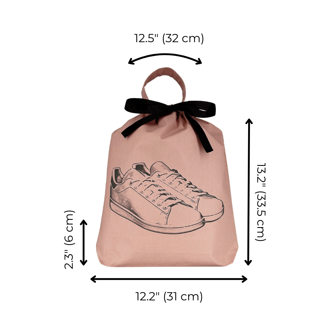 Bag-all Tennis Sneaker Shoe Bag in pink cotton with gray sneaker print, black ribbon tie closure and carrying handle, showing product dimensions