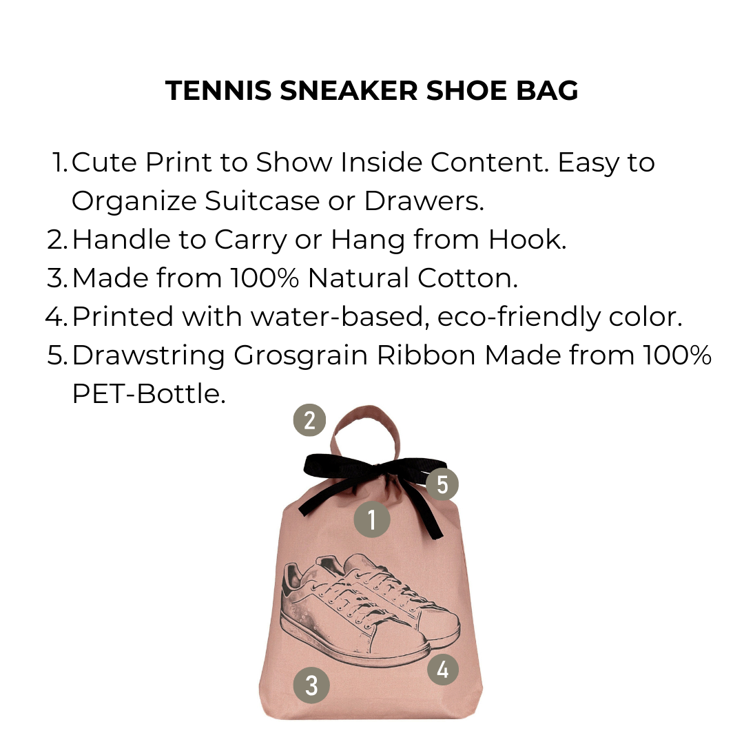 Bag-all Tennis Sneaker Shoe Bag in pink cotton with gray sneaker print, featuring recycled drawstring closure and carry handle, perfect for protecting and organizing footwear