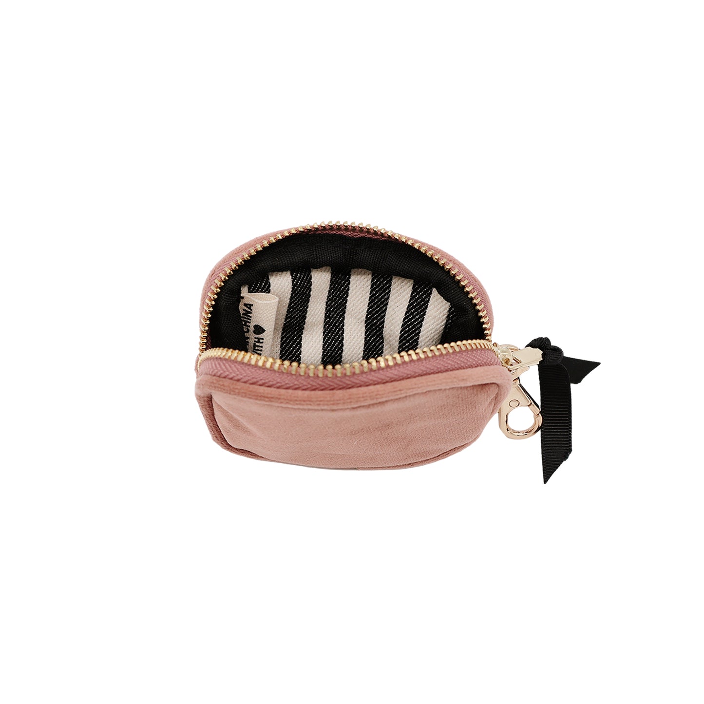 Bag-all Pink Velvet Earbuds Case with gold zipper and clasp, featuring striped interior lining and black bow detail, perfect for protecting AirPods and earphones