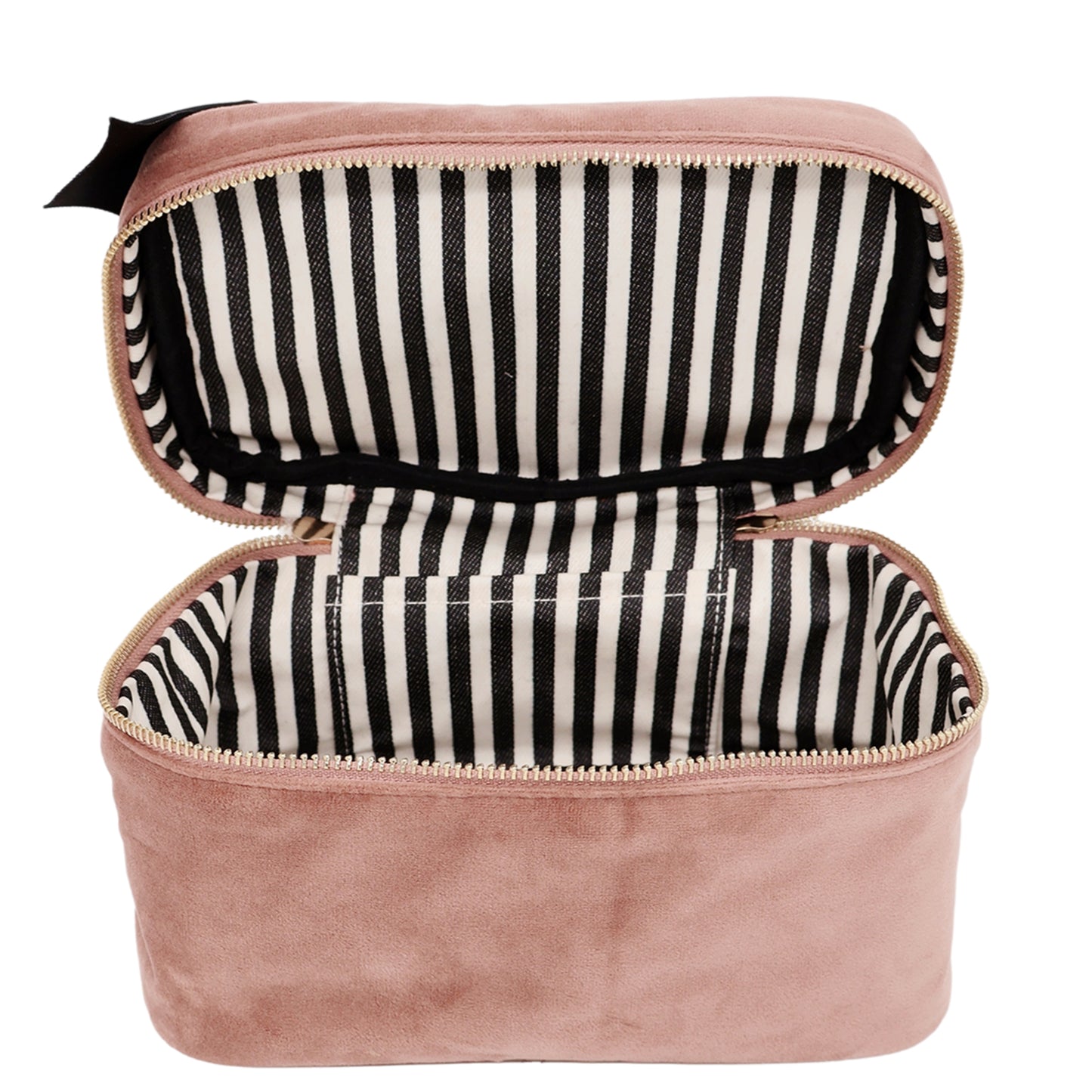 Bag-all My Makeup Cosmetic Box in Pink Velvet with striped interior, square-shaped makeup organizer featuring waterproof lining and zip closure, ideal for beauty storage