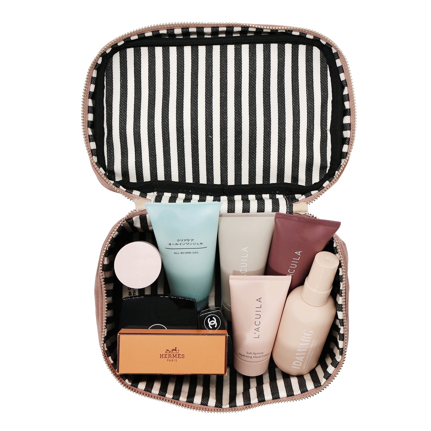 Bag-all My Makeup Cosmetic Box Pink Velvet featuring striped interior lining, filled with beauty products and skincare essentials, showing waterproof organization compartments