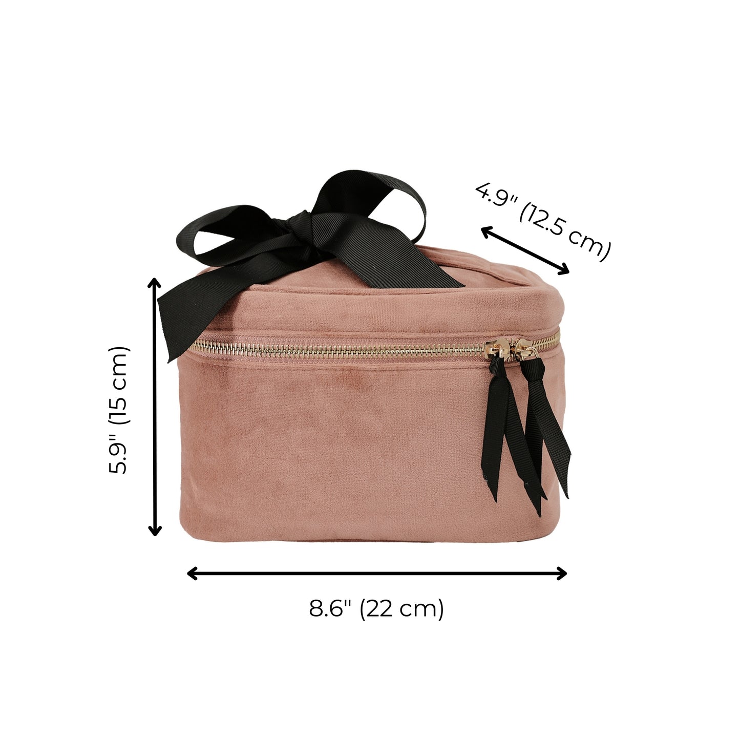 Bag-all My Makeup Cosmetic Box in Pink Velvet with black bow detail, gold zippers, and dimensions 22x12.5x15cm - luxury velvet beauty organizer with waterproof interior