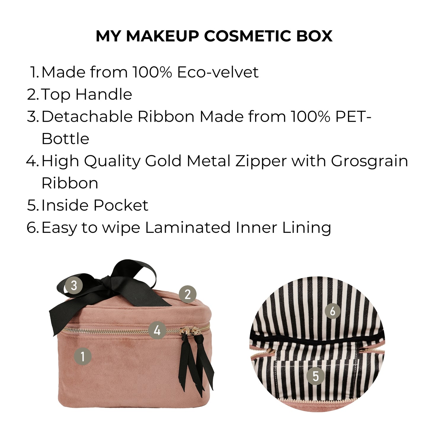 Bag-all My Makeup Cosmetic Box in pink velvet with eco-friendly material, gold zipper, detachable ribbon, and striped waterproof interior lining. Perfect for organizing beauty essentials.