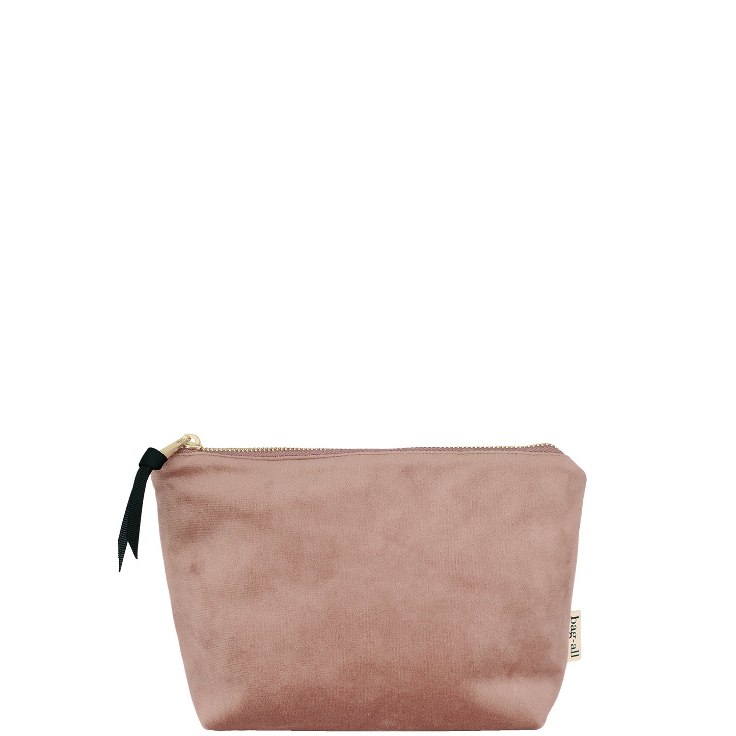 Bag-all My Makeup Pouch in luxurious pink velvet with waterproof coated interior, featuring black ribbon zipper pull, perfect for organizing cosmetics and beauty essentials