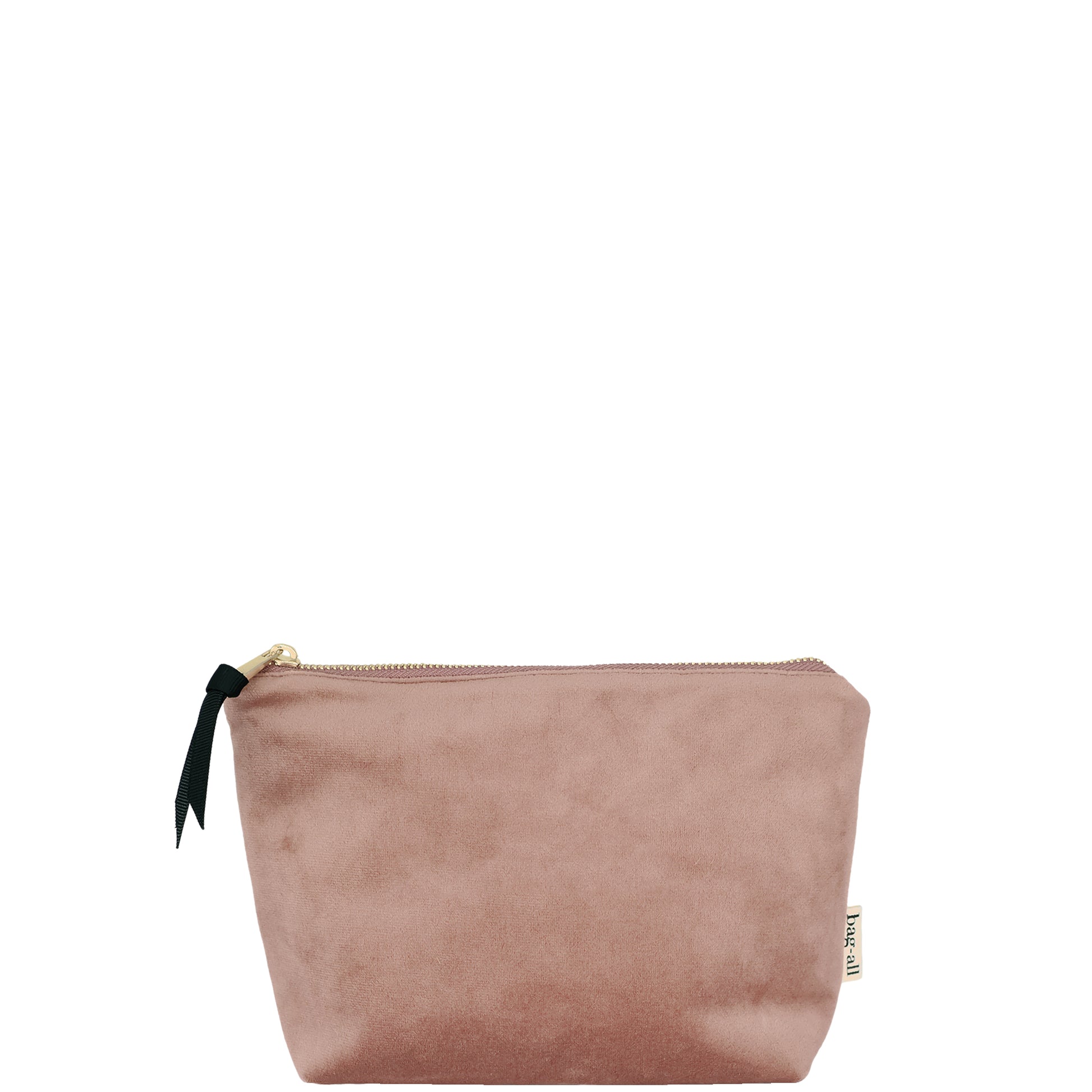 Bag-all My Makeup Pouch in luxurious pink velvet with waterproof coated interior, featuring black ribbon zipper pull, perfect for organizing cosmetics and beauty essentials